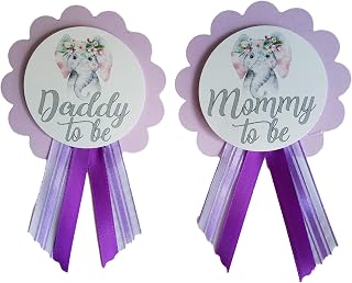 Mommy to Be & Daddy to Be Pin 코끼리 베이비 샤워 핀 2개, 부모가 착용할 수 있는 퍼플 & 화이트, It's a Girl Baby Sprinkle, 인쇄 용지 새틴 리본