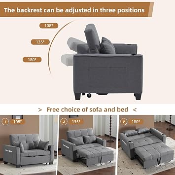 ModernLuxe Pull Out Sofa Bed, Convertible 2 Seater Sofa Chair with Cup Holders and Side Pockets, Adjustable Backrest, Fabric Love Seat Couch Chaise Lounge for Living Room, Apartment, Grey