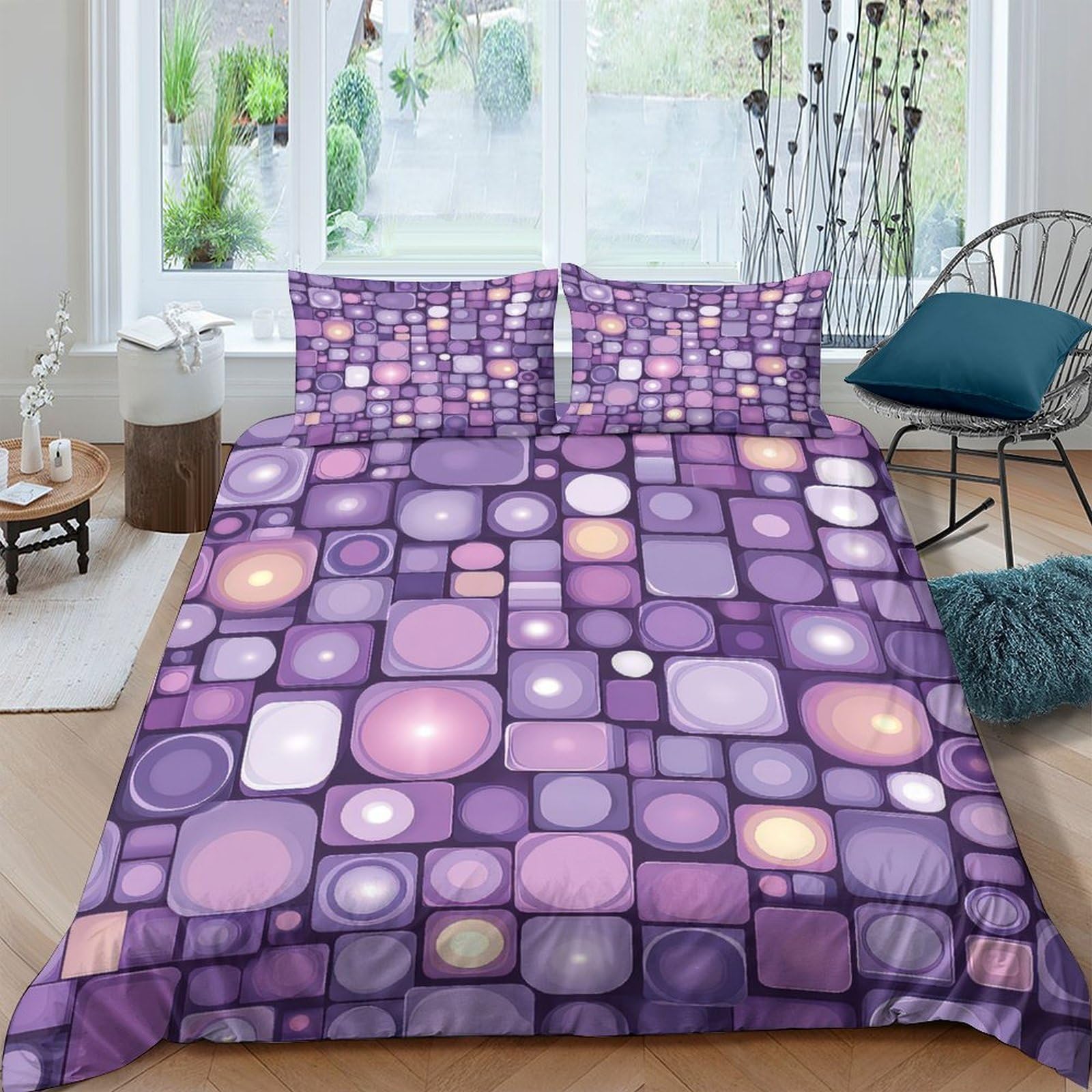P5V6M1Q9 3D Printed Purple Mosaic Duvet Cover Microfiber Soft Breathable Geometric Tile Bedding Set with 2 Pillowcases for Bedroom Decor Single（135x200cm）