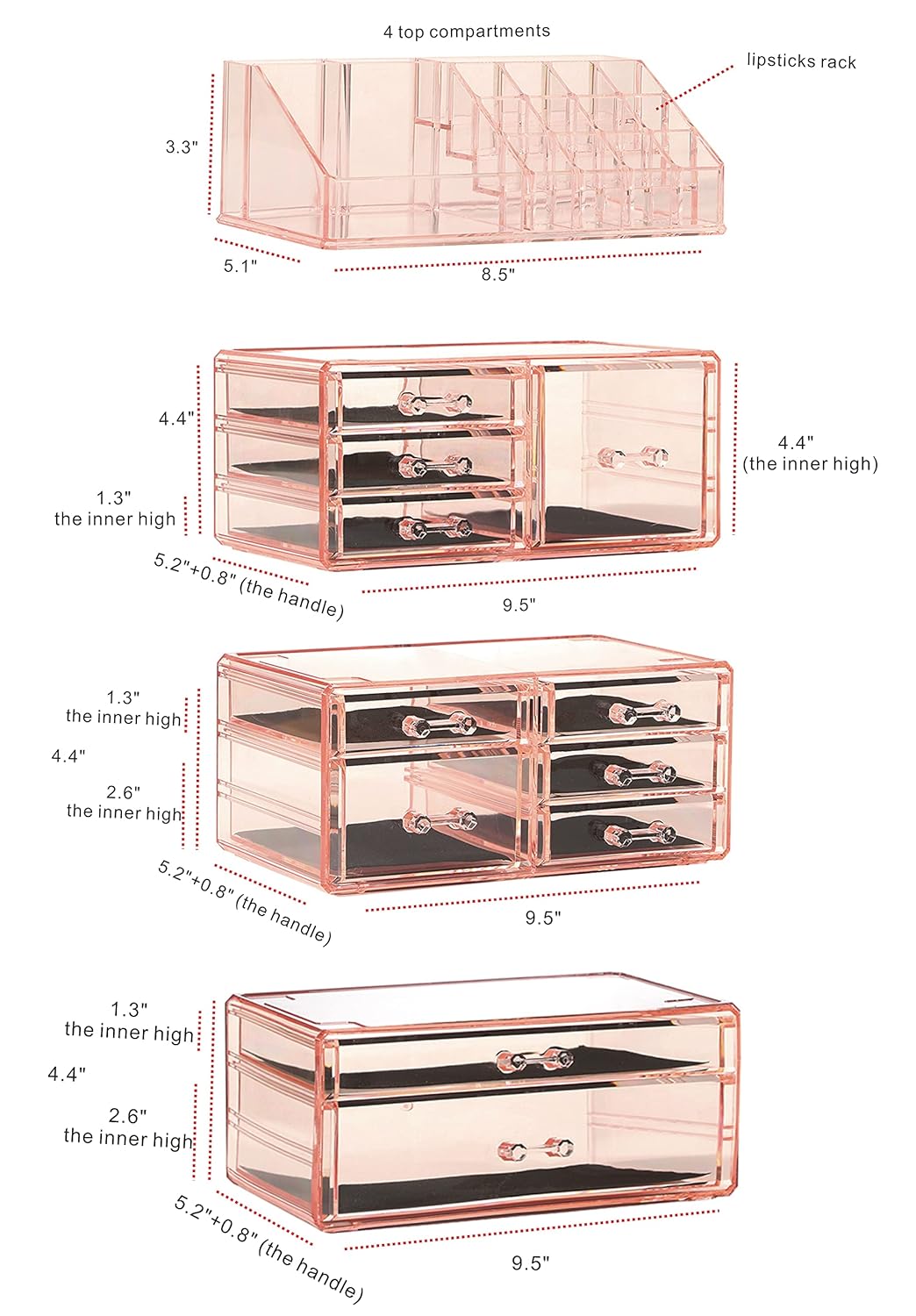 Cq acrylic Makeup Organizer Countertop Acrylic,4 Piece Stackable Design Make Up Cosmetics Storage Stand with 11 Drawers,For Cosmetics,Skincare,Vanity,Bathroom,Pink : Beauty & Personal Care