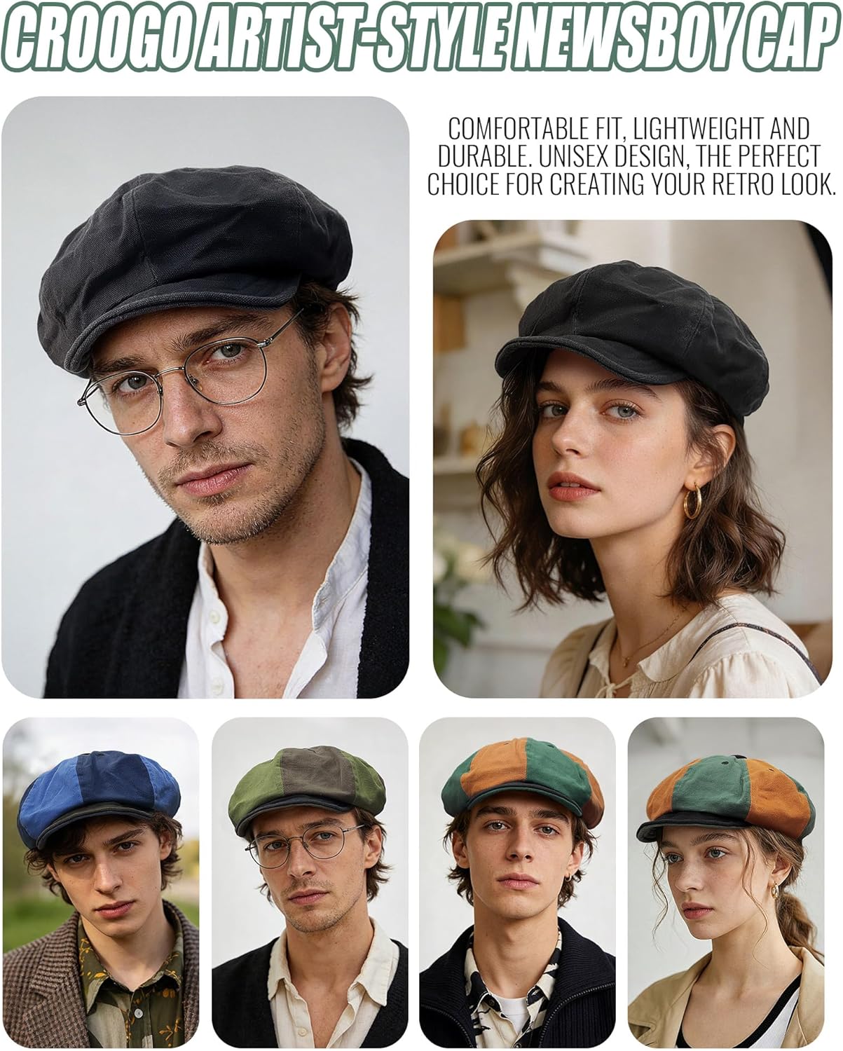 Croogo 8 Panel Newsboy Cap Applejack Gatsby Hat Scally Cap Bakerboy Beret Flat Caps Ivy Cabbie Peaky Golf Hooligan Driver Hat - Image 7