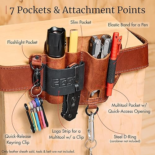 Miniatura 3 de FESA EDC - Funda multiherramienta de cuero de grano superior EDC para linterna, cuchillo táctico multiherramienta y bolígrafo, con clip para