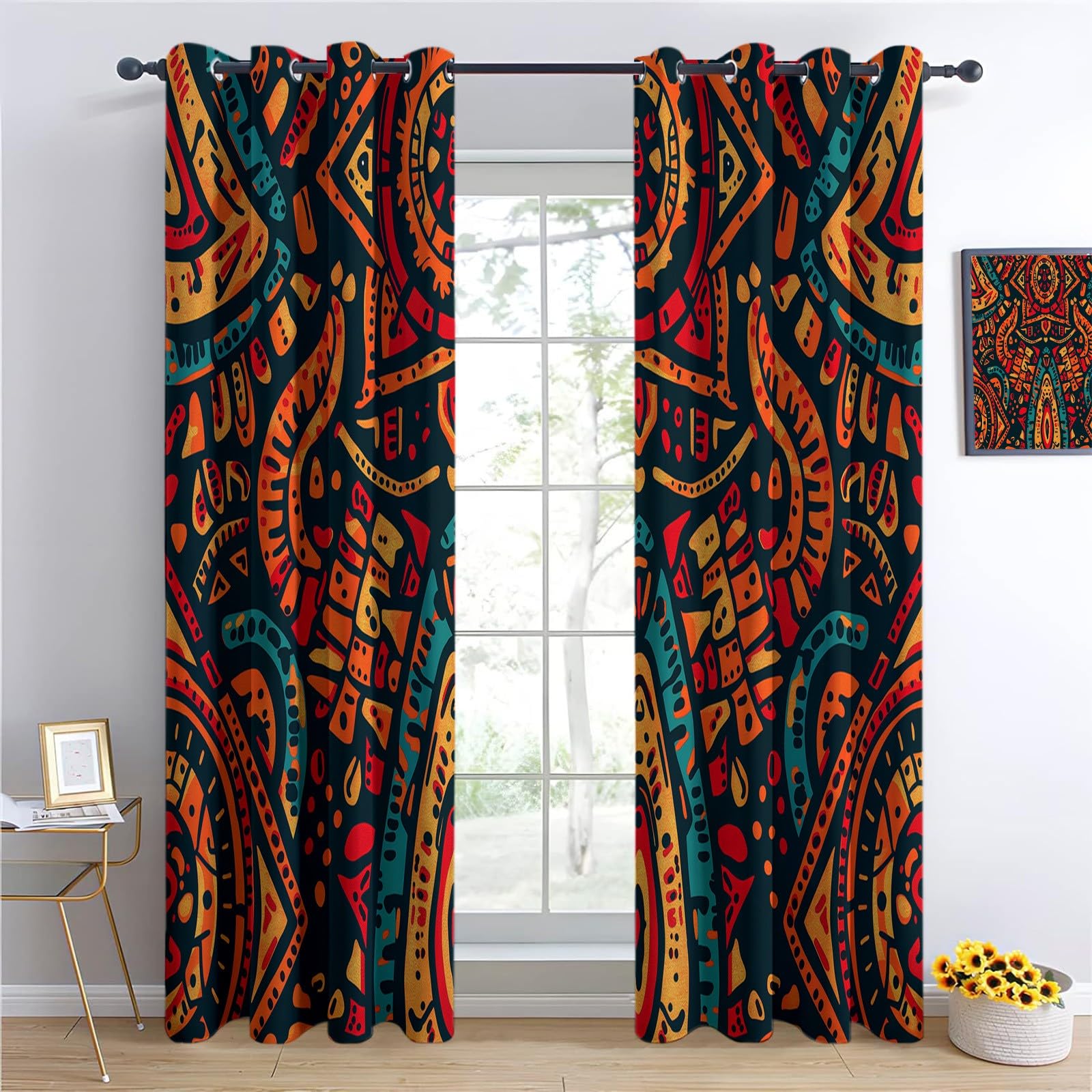 Lot De 2 Rideau Occultant Style Ethnique Graffiti Art Africain, Rideaux Opaques Isolants Thermiques À Oeillets, Draperies Intérieurs Salon pour Chambre Enfant, L140 x H160 cm
