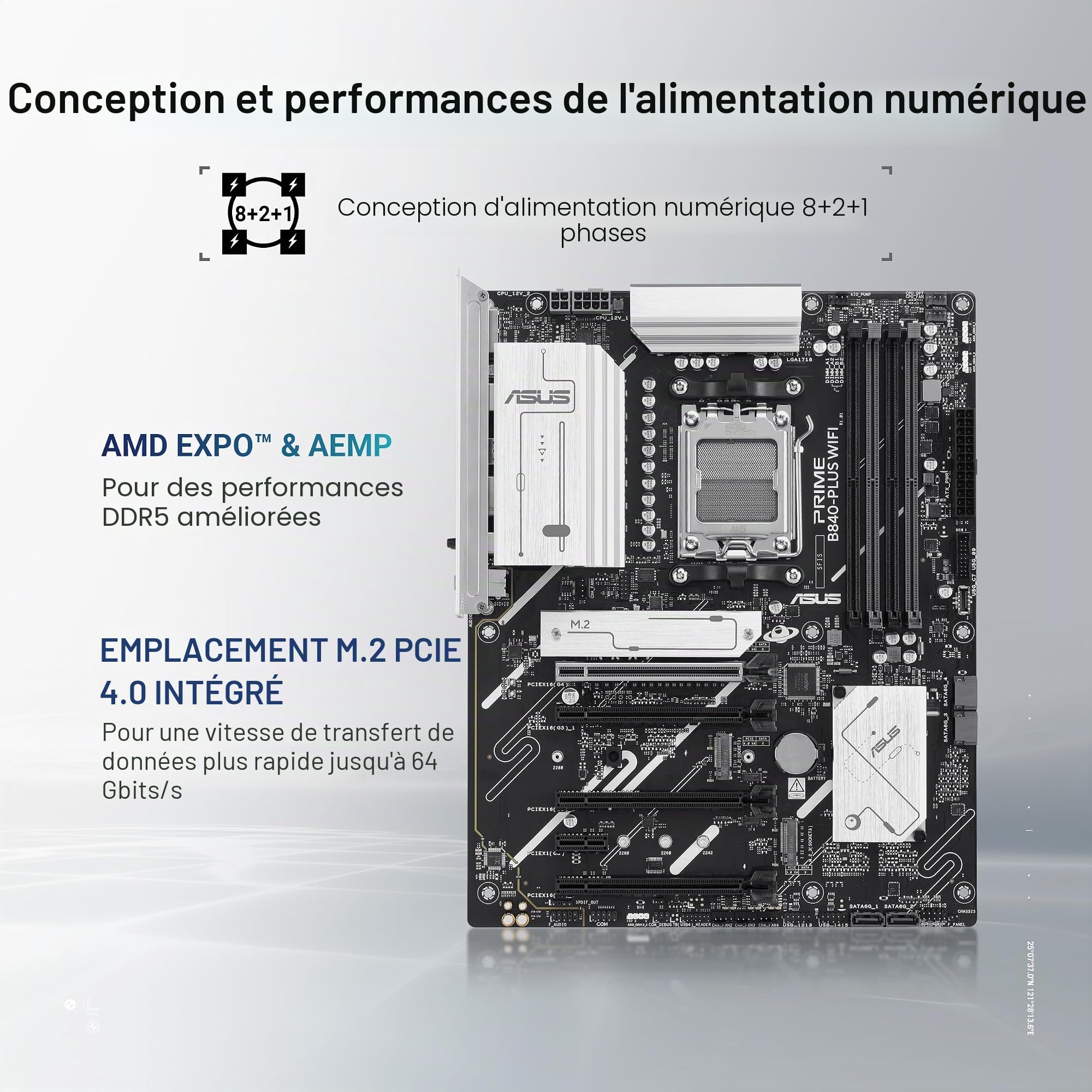 AMD B840 ATX Motherboard, DDR5, PCIe 4.0 Ready, Three M.2 Slots, Wi-FI 6E, Realtek 2.5Gb Ethernet, DisplayPort, HDMI™, Rear USB 10Gbps Type-A & Type-C® Support, BIOS Flashback™, Aura Sync