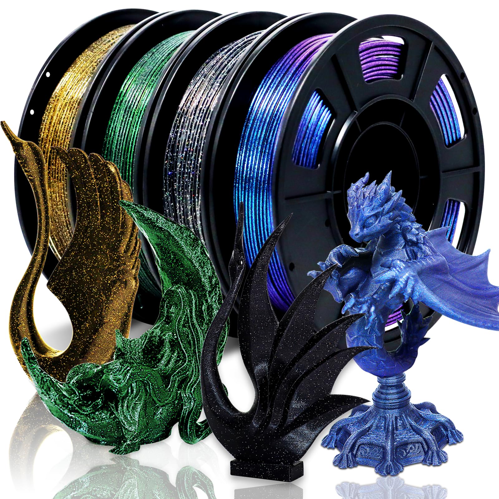 RepRapper Lot d'échantillons de filaments PLA multicolores pailletés brillants en soie galaxie PLA1,75 mm pour imprimante 3D, filament phosphorescent pour imprimante 3D, 250 g x 4