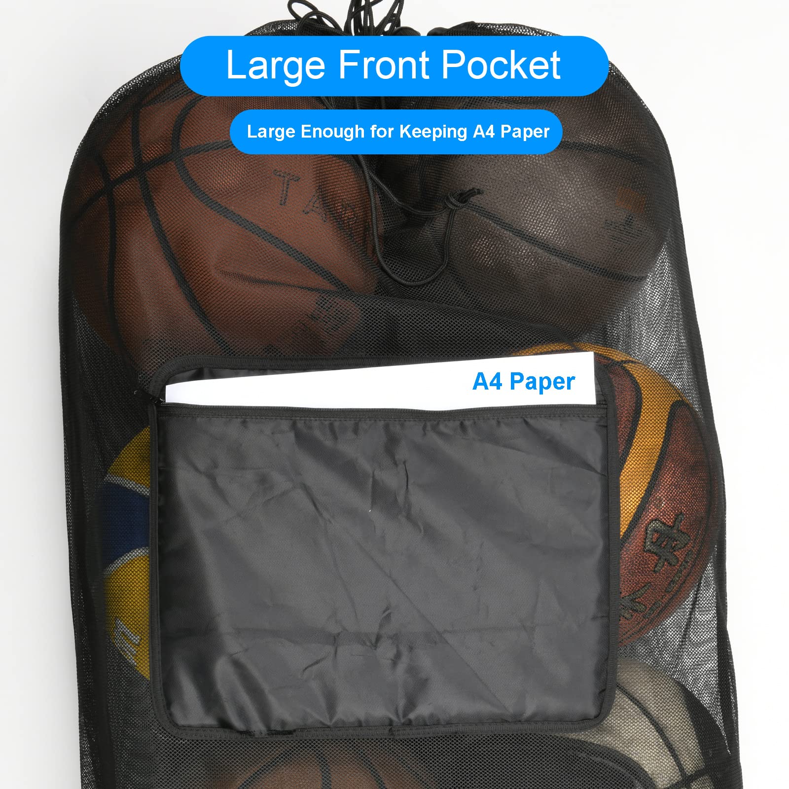 Cosmos Sport Balltasche Mesh Equipment Bag Team Sports Drawstring Bag Large Mesh Net Bag, with Adjustable Strap & Front Pocket for Basketball, Volleyball, Soccer, Rugby, Water Sports and Beach Event