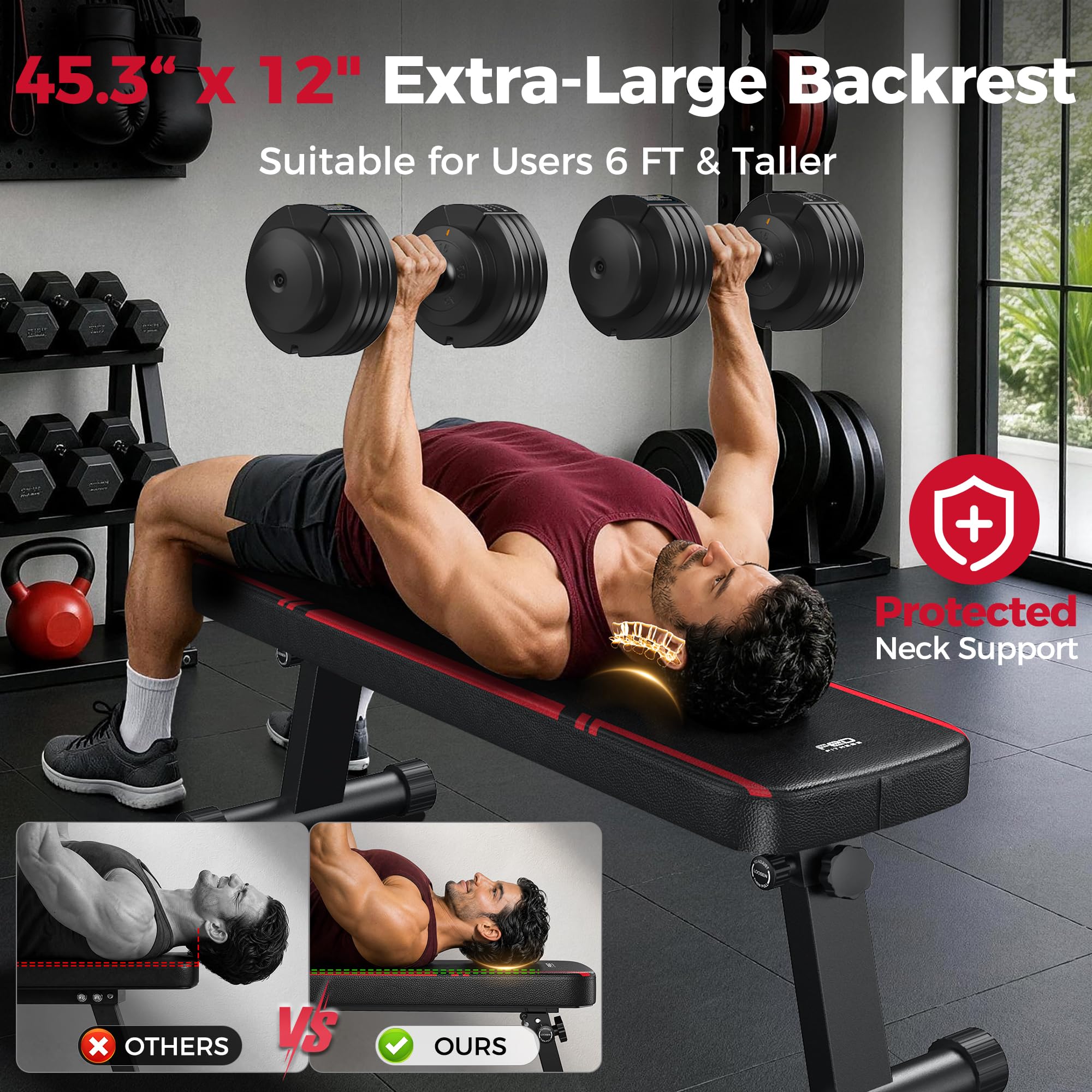 Foldable Flat Weight Bench for Home Gym, 1000 lbs Capacity with Dual Locking for Strength Training, Easy Setup & Storage for Small Apartments, Lifting, Hip Thrust, Dumbbell Workout