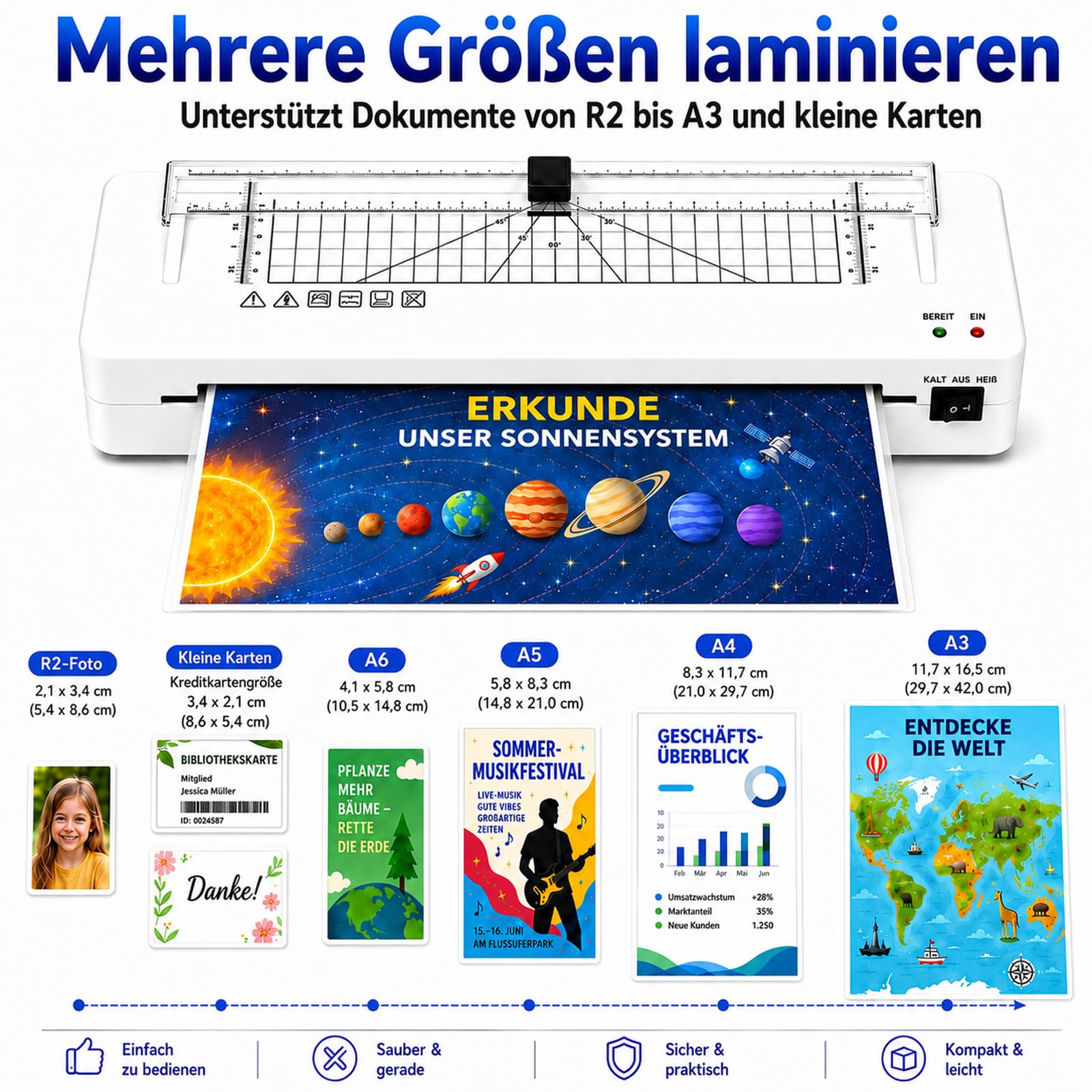 Laminiergerät, Laminiergerät A3 Laminiermaschinen mit Eingebauter Papierschneider und Laminierfolien A3 A4 A5 A6 für den Heimgebrauch Büro Schule Fotos