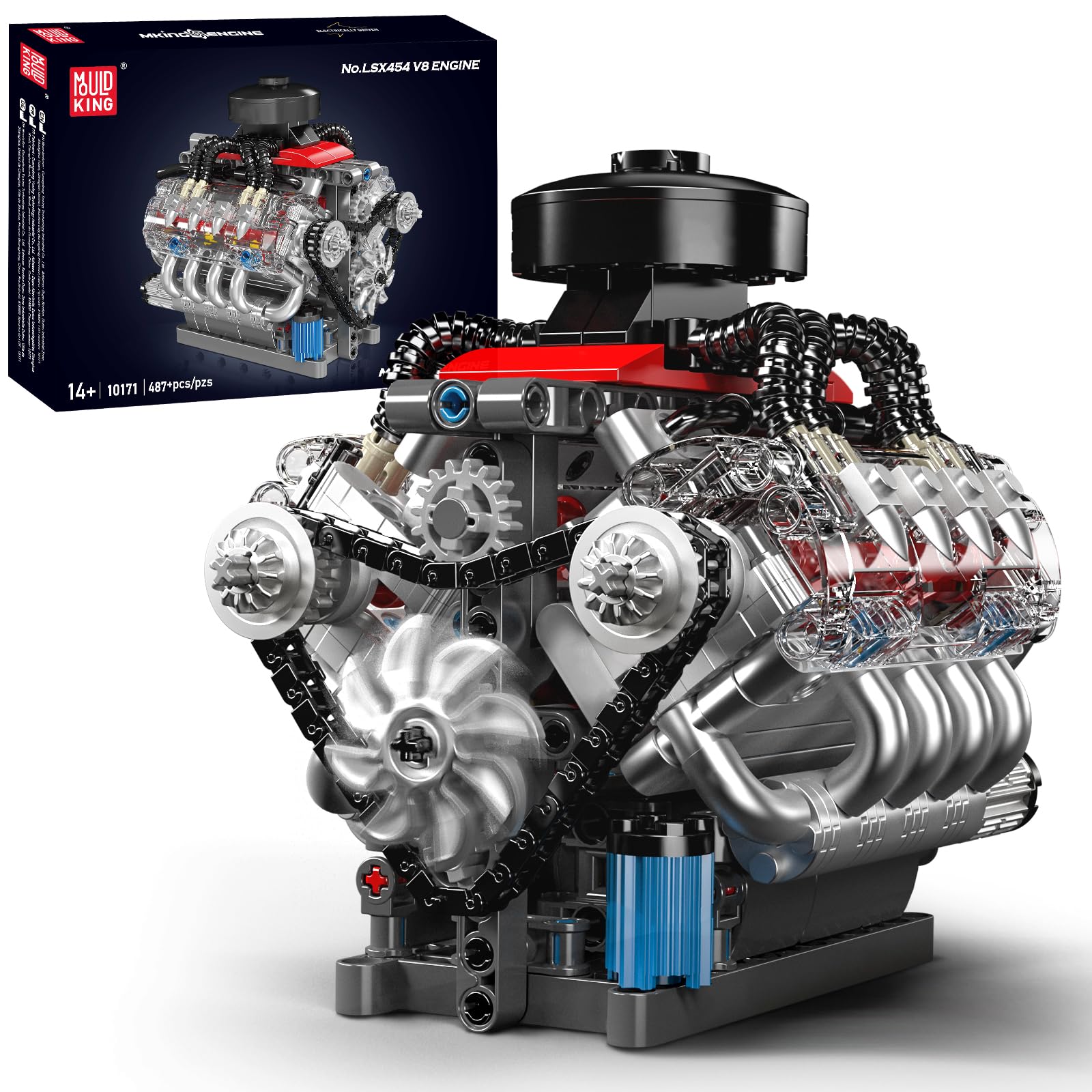 Mould King 10171 Tecnología V8 Motor Bloques de Construcción Juguete, 487 Piezas Motor Bloques de Enganche Kit de Construcción Kit de Construcción Regalo para Adultos