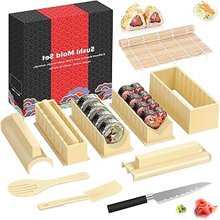 HI NINGER Sushi Making Kit- All In One Sushi Set 10 Piece Plastic Sushi Maker Tool with 8 Different Shapes of Sushi Rice Roll Mold Shapes Fork Spatula DIY home Sushi Tools- Off-white