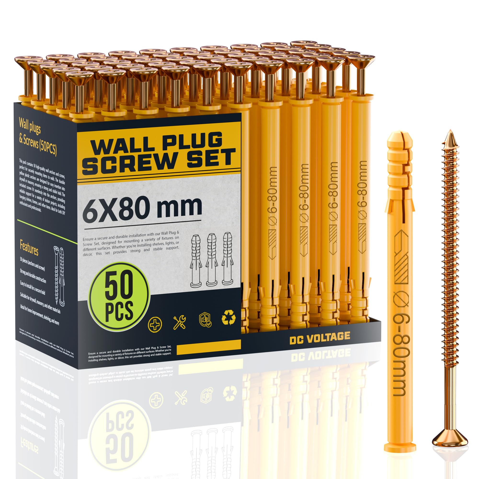 50 Pcs Screws And Yellow Wall Plugs Set, Anchor Bolts,Heavy Duty plug Sizes (6mm*80mm),Fasteners For Brick,Masonry,Plasterboard Fixings,Tv Bracket,Plaster — image 1