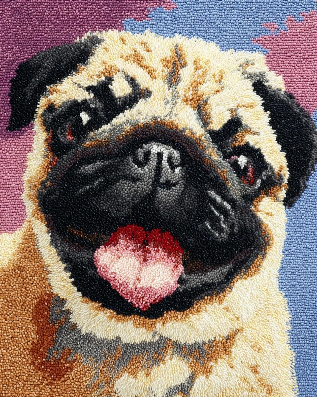 Wallphantom Latch Hook Rug Kits for Adults Beginners,Happy Pug,DIY with Printed Canvas Crochet Yarn Handmade Embroidery Crafts Crochet for Home Decoration,90x120cm