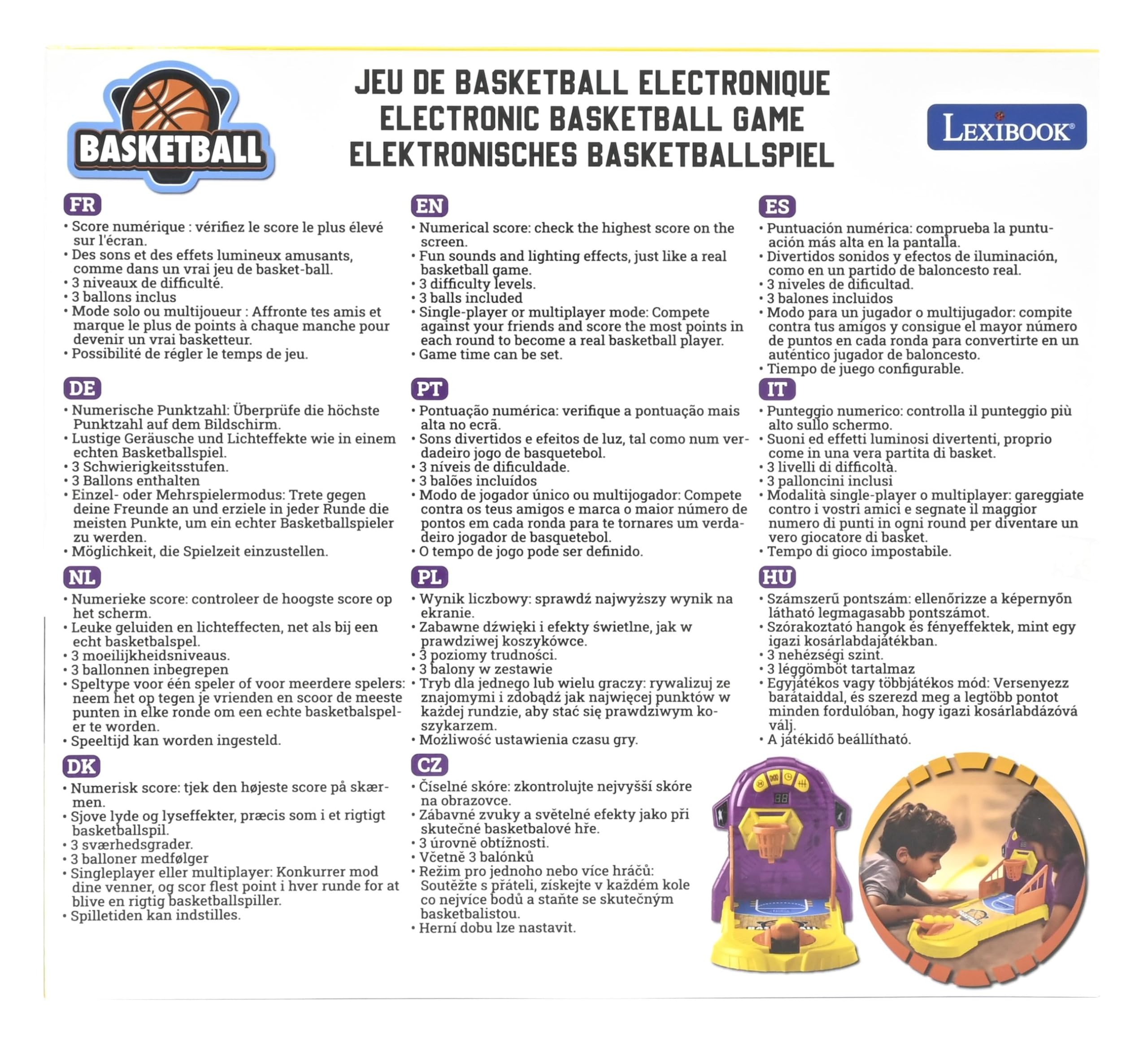 Lexibook, Elektronisches Basketballspiel, Ton- und Lichteffekte, Bewegliches Spielfeld, 3 Schwierigkeitsstufen, 1 bis 4 Spieler, Lila/Gelb, JG910