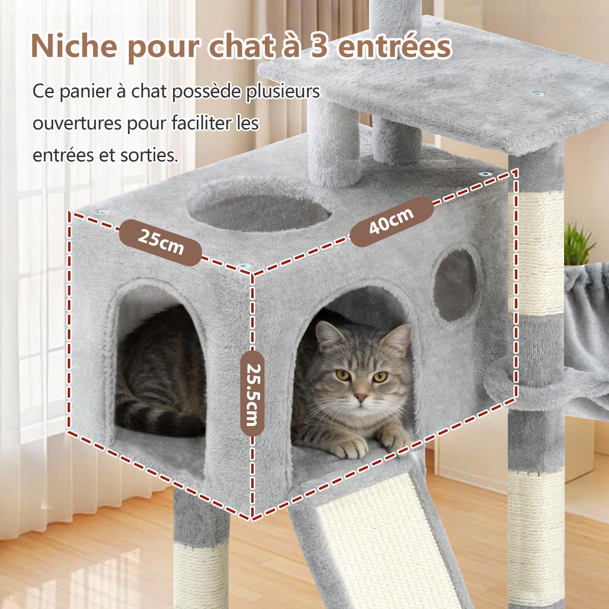 Gitelsnour Árbol Rascador para Gatitos, Torre de Gatos Interior de 107 cm, Árbol para Gatos con Postes Rascadores, Hamaca, Caseta y Pelota Colgante, Gris Claro GCT005SW