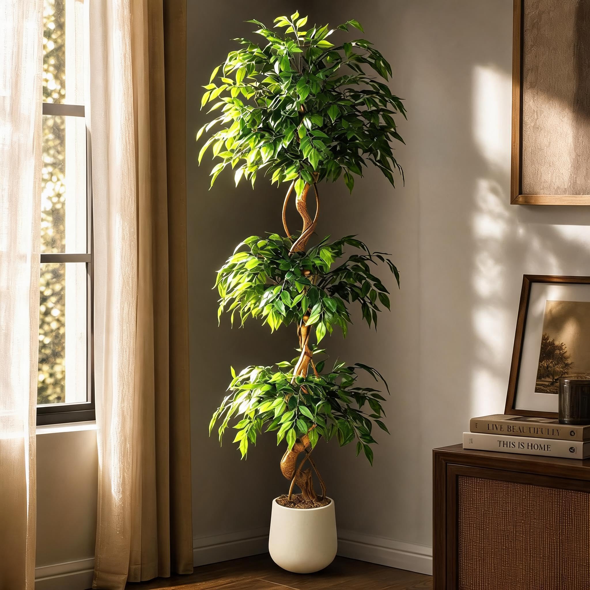 Künstliche Pflanzen 180cm Kunstpflanzen groß für Wohnzimmer | Nahtlose Steckmontage | Seidenstoffblätter | Flexibel formbare Zweige | Vormontiert im 22 x 23 cm Blumentopf