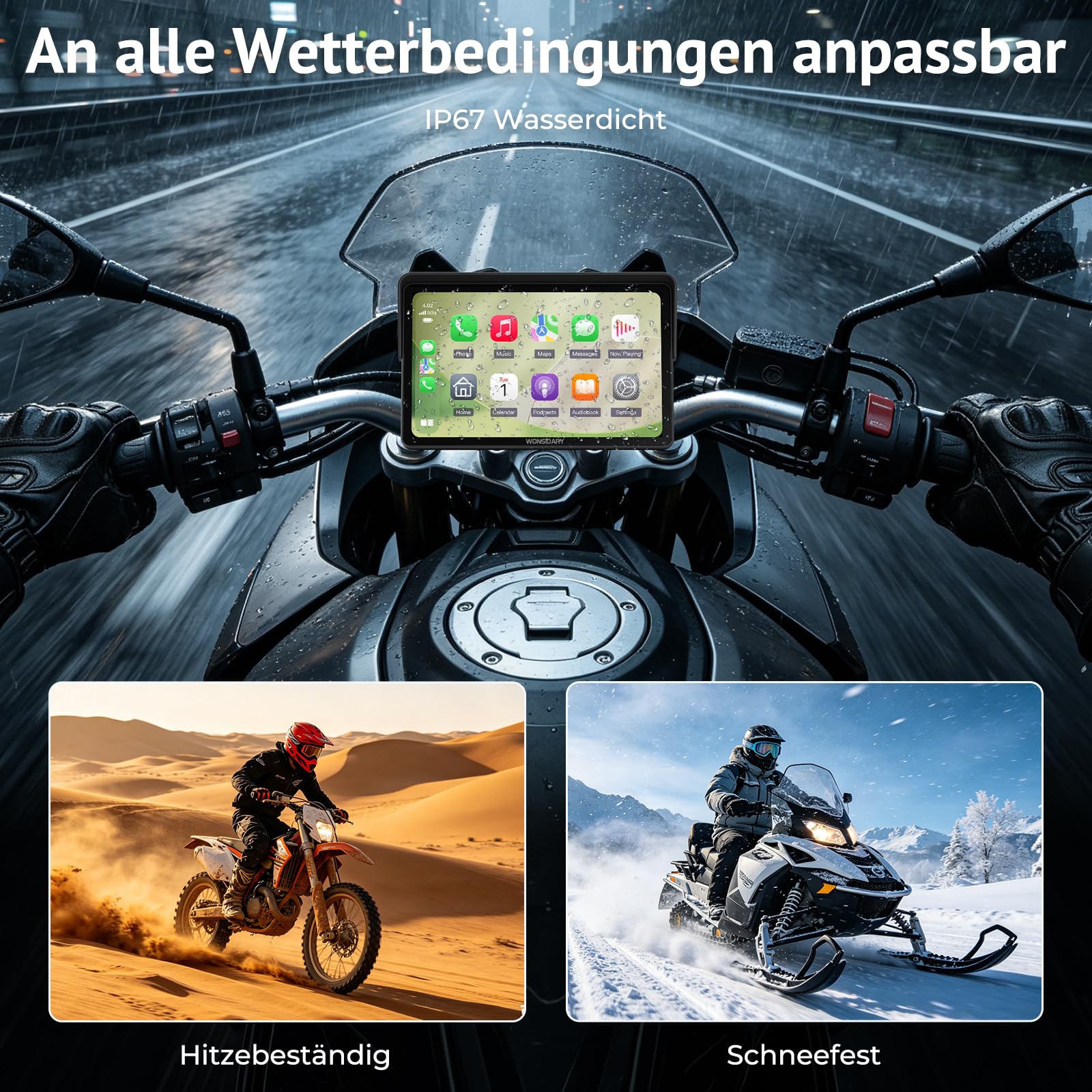 W722TPMS 7 Zoll Motorrad CarPlay Display mit TPMS & Android Auto | Motorrad Navi Display mit IP67 Wasserdichtes ,Dual Bluetooth, Sprachsteuerung, EQ，USB & ACC Anschluss für Motorrad Reisen