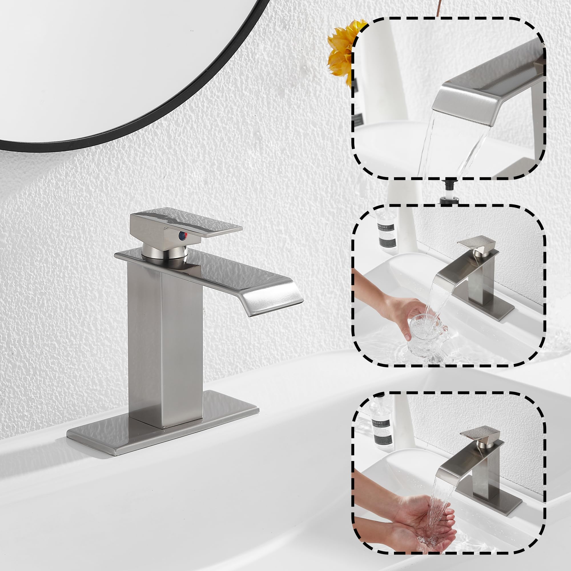 Waterfall Bathroom Faucet GGStudy Brushed Nickel Bathroom Sink Faucet Deck Mount Single Handle 1 Hole Bathroom Vanity Faucet with Pop Up Drain