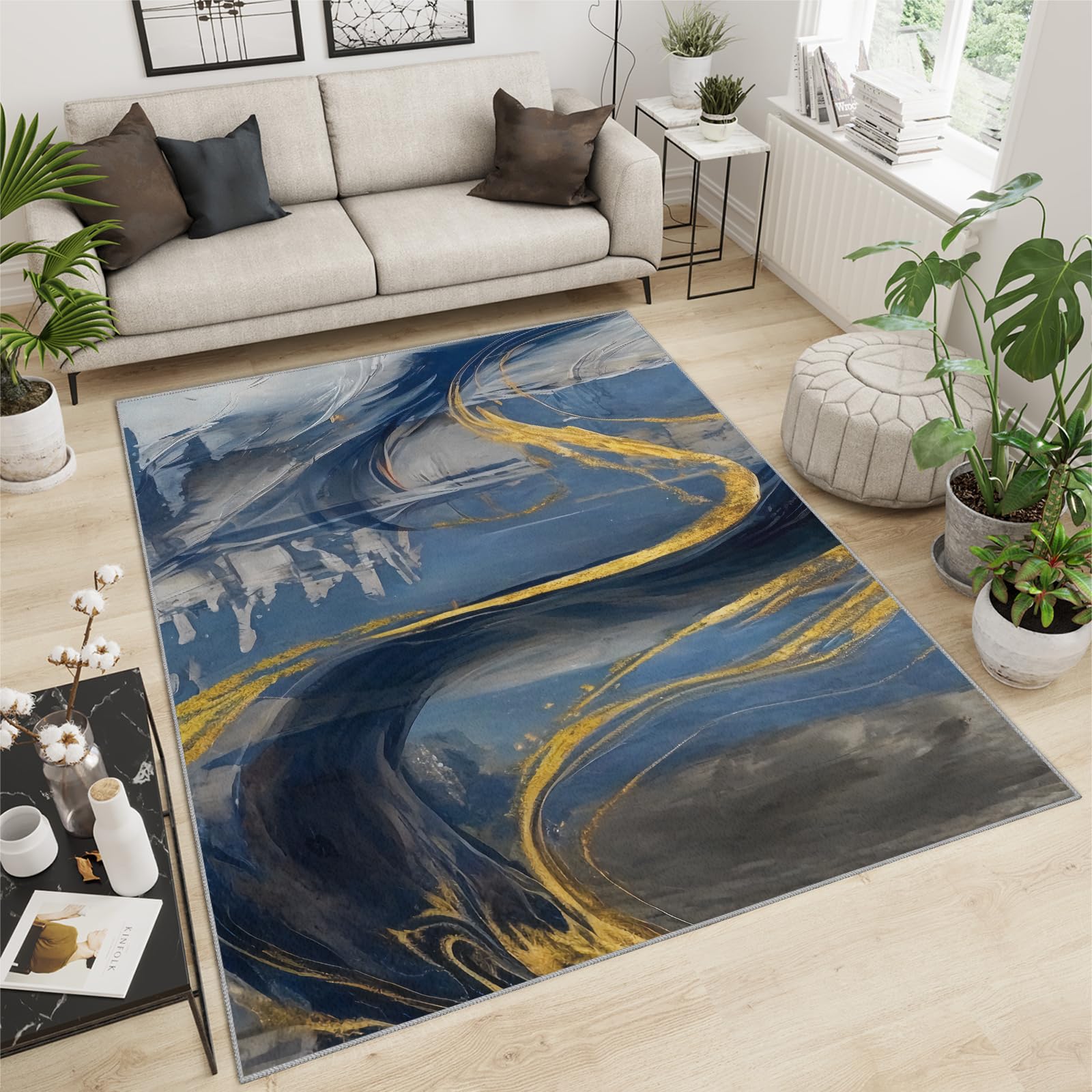 Tapis Abstrait dégradé pour Chambre à Coucher, Cuisine, antidérapant, Lavable, à Poils Courts et Doux, Motif marbré Bleu, Gris, doré, 60 x 120 cm