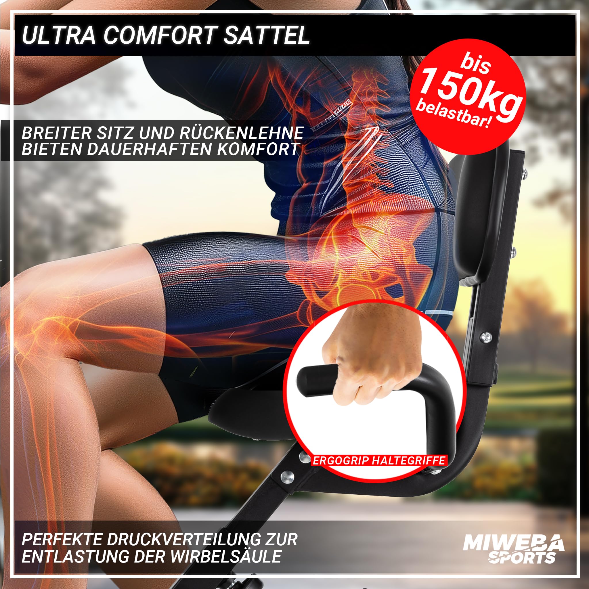 Miweba Sports Heimtrainer Fahrrad klappbar | Hometrainer leise bis 150 kg mit Komfort-Sattel | Ergometer Pedaltrainer Beintrainer Fitnessbikes Indoor Bike Home Trainer Fitness Fahrrad für Zuhause