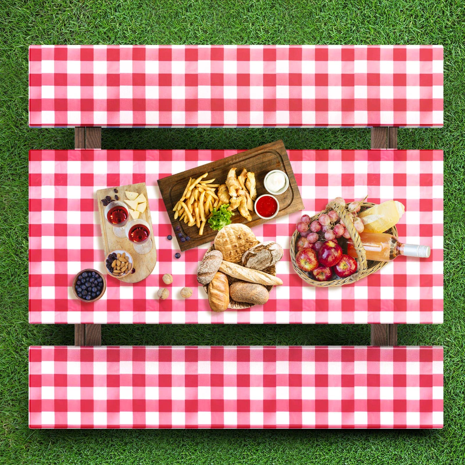 UMINEUXPicnic Table Cover with Bench Covers Fitted Table Clothes for 6 Foot Rectangle Tables Vinyl Flannel Backing with Elastic Edge -for Outdoor/Indoor Party Dining(30 x 72 Inch,3-Pieces,Red Plaid)