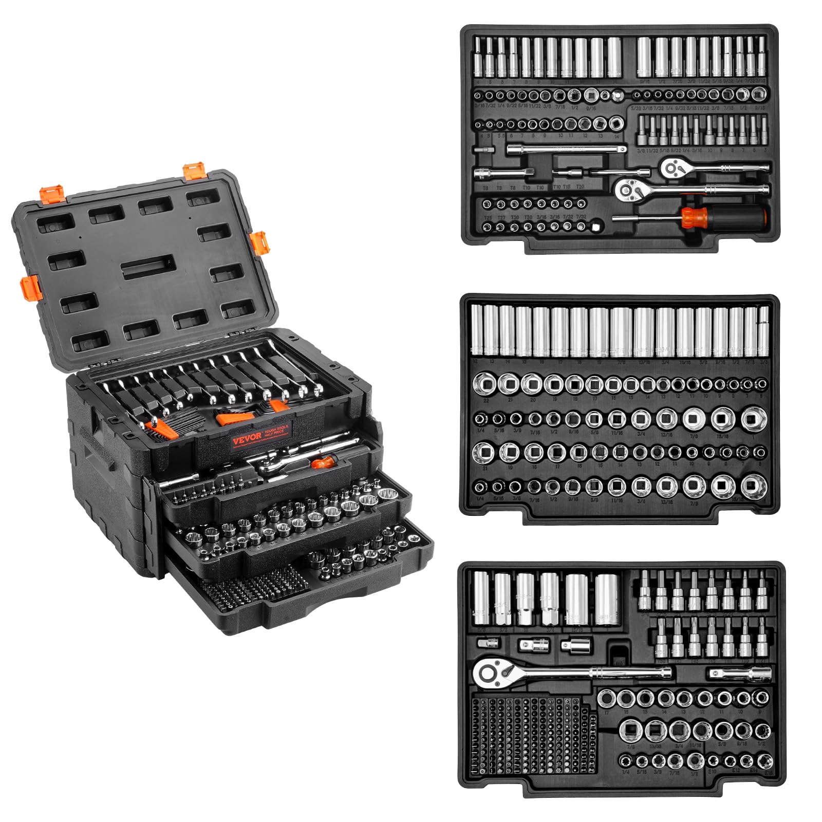 VEVOR Mechanics Tool Set and Socket Set, 1/4" 3/8" 1/2" Drive Deep and Standard Sockets, 450 Pcs SAE and Metric Mechanic Tool Kit with Bits, Combination Wrench, Hex Wrenches, Accessories, Storage Case