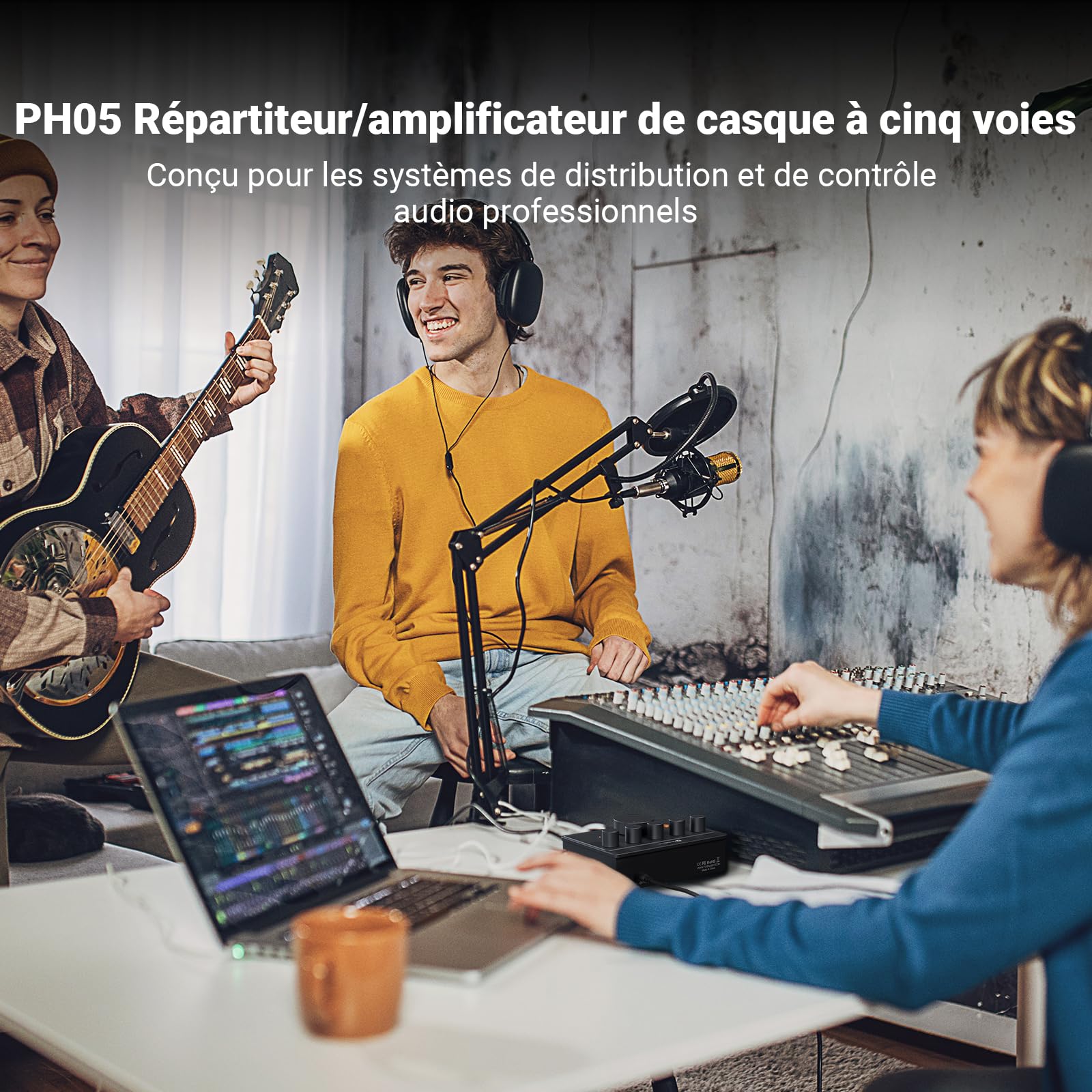 Fosi Audio PH05 Amplificateur Répartiteur de Casque 5 Canaux, Mini Ampli pour Mixeur de Studio de Musique, Partage Audio, Moniteur de Podcast, Prend en Charge 16-300 Ohm Haute Impédance IEM