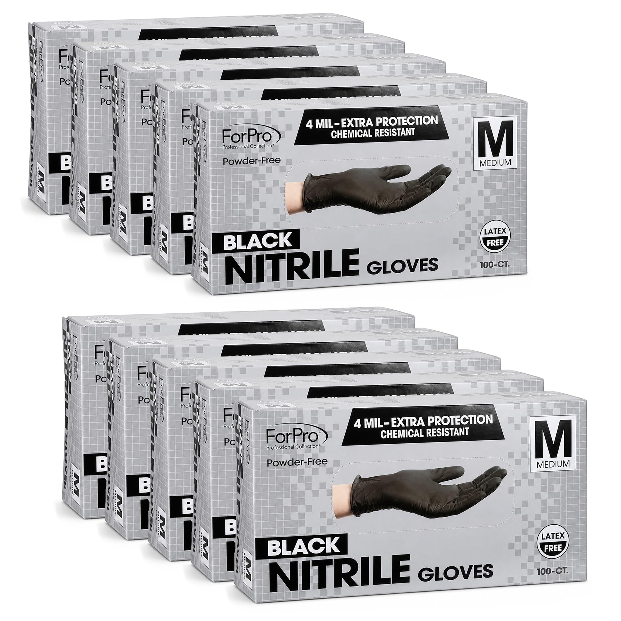 ForPro Guantes desechables de nitrilo, resistentes a los químicos, sin polvo, sin látex, no estériles, seguros para alimentos, 4 mil, negro, mediano, 1000 unidades