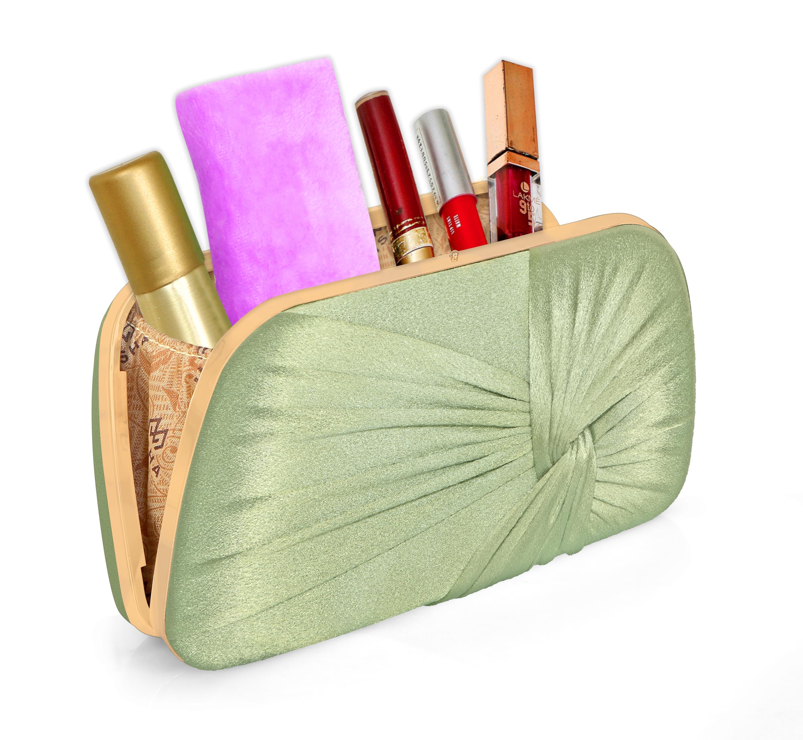 MISHA Glimmer Luxe Satin Evening Clutch with Detachable Chain Strap (GREEN) 2