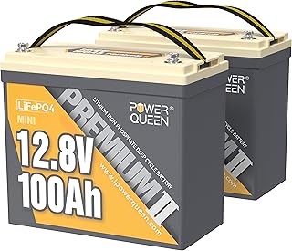 Power Queen 2 Pack 12V 100Ah Mini LiFePO4 Lithium Battery, with Built-in 100A BMS, 1280W Energy, Up to 15000 Cycles, 10-Year Lifespan for Home Solar Energy System, RV, Camping, Marine
