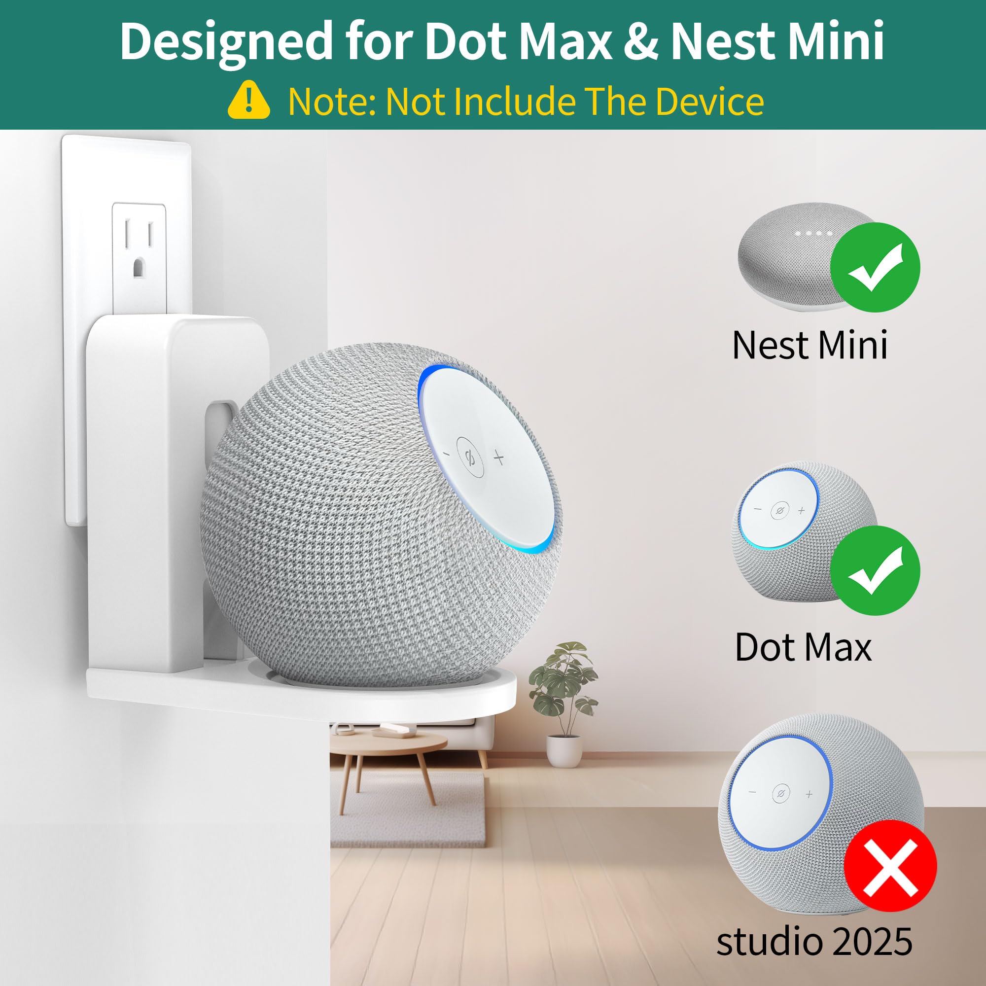 HomeMount Supporto da parete per Dot Max & Nest Mini, plug-in (bianco, 2