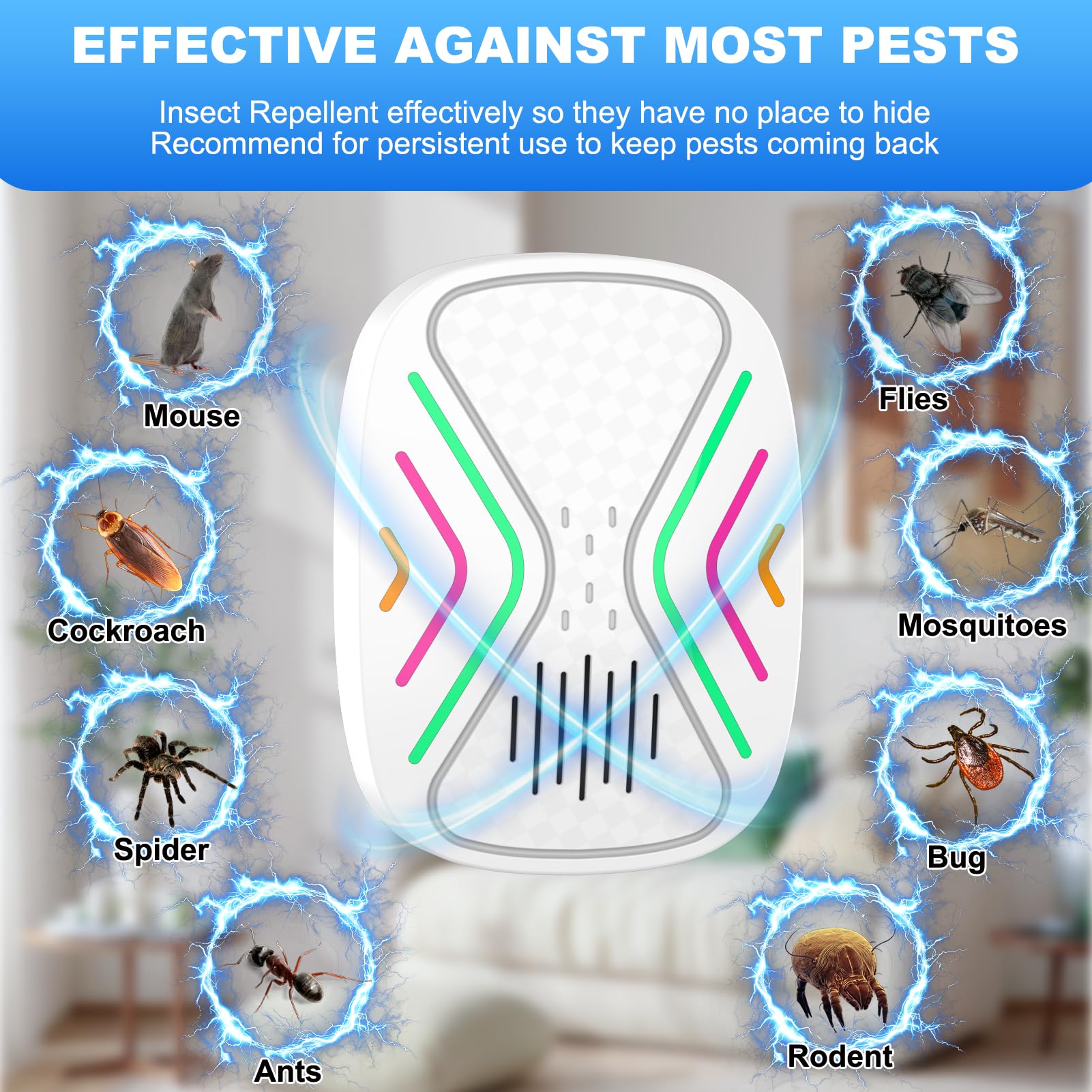 Repelente ultrasónico de control de plagas, repelente de ratones de interior para ratas, ratones, roedores, cucarachas, cucarachas, insectos y mosquitos, repelente electrónico de plagas enchufable