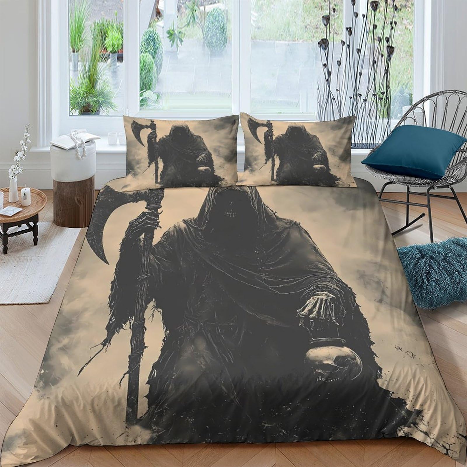 Ctjqhvkz Style-4 3D Printed Grim Reaper Fitted Sheet Microfiber Soft Black Gothic Skeleton Bed Cover For Bedroom Dorm Easy Care Single（135X200cm）