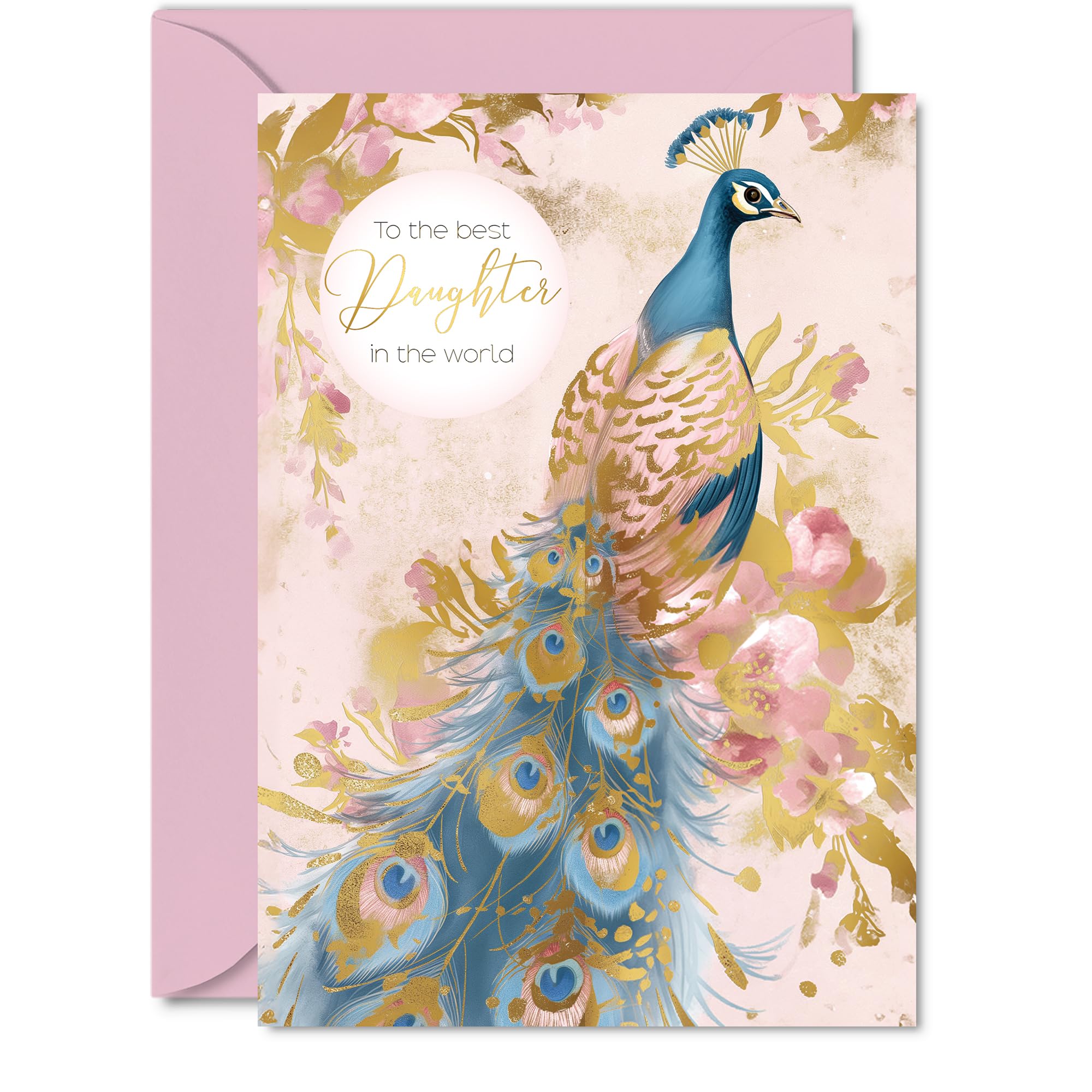 Daughter Birthday Card - Gold Peacock - Beautiful Happy Birthday Card for Daughter from Mum Dad, 5x7 Inch Female Bird Bday Golden Greeting Cards