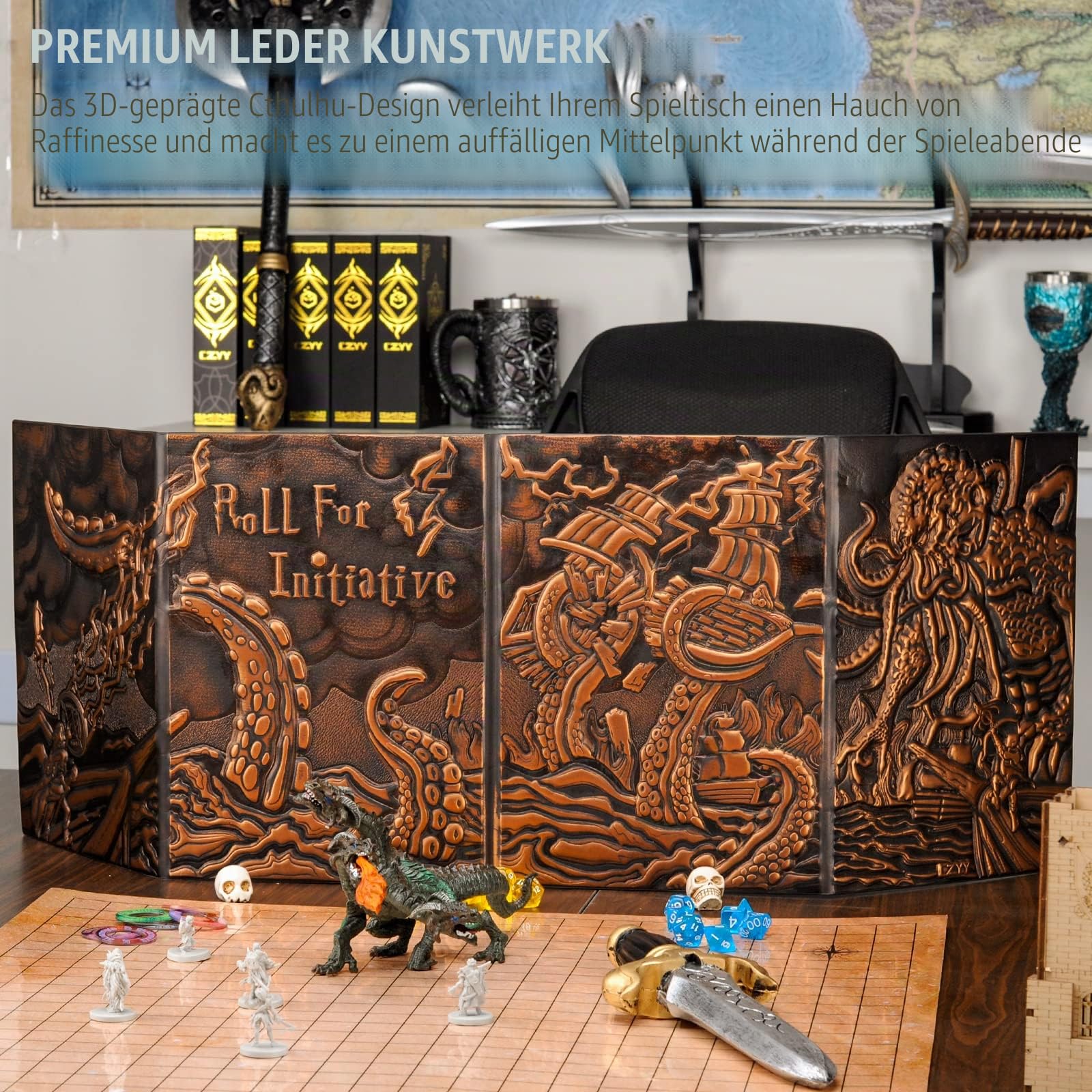 CZYY DND Dungeon Master Screen Vier-Panel mit Taschen, Kunstleder 3D geprägt mit Cthulhu - Inklusive DM-Bildschirmeinlagen und Aufbewahrungskoffer