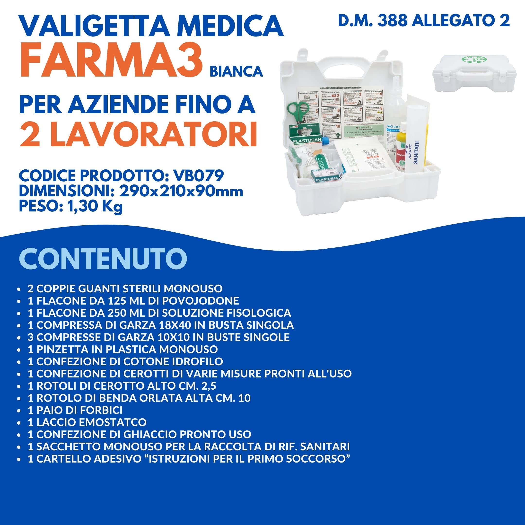 ONFARMA FARMA3 BIANCA Cassetta pronto soccorso COMPLETA DI CARTELLO PRIMO SOCCORSO conforme DM 388 allegato 2 per aziende fino a 2 lavoratori e mezzi aziendali