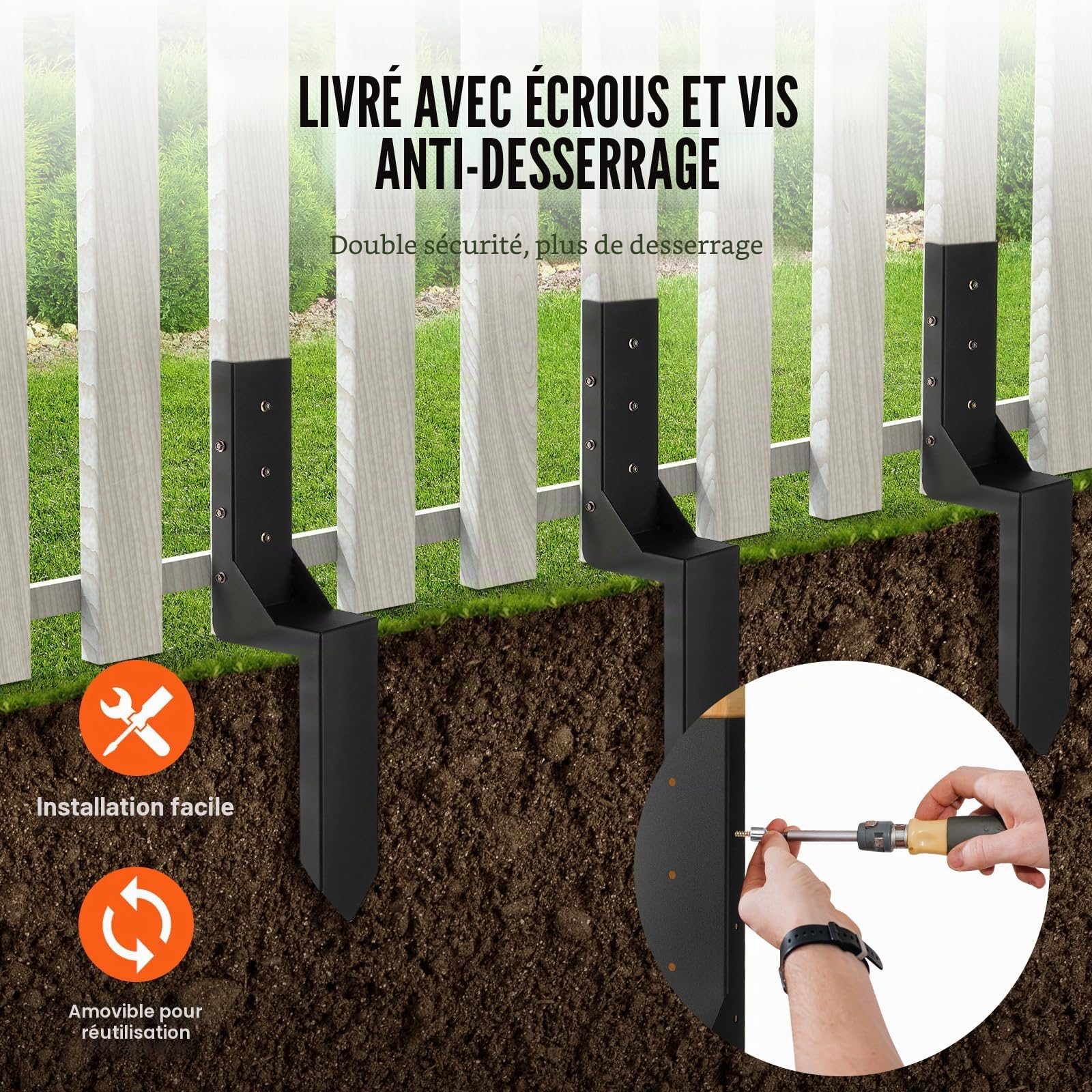 VEVOR Kit de réparation de poteau de clôture, 4 pcs, support de poteau en acier robuste, intérieur 89 x 89 mm, piquet d'ancrage au sol pour réparation de poteau de clôture en bois incliné ou cassé