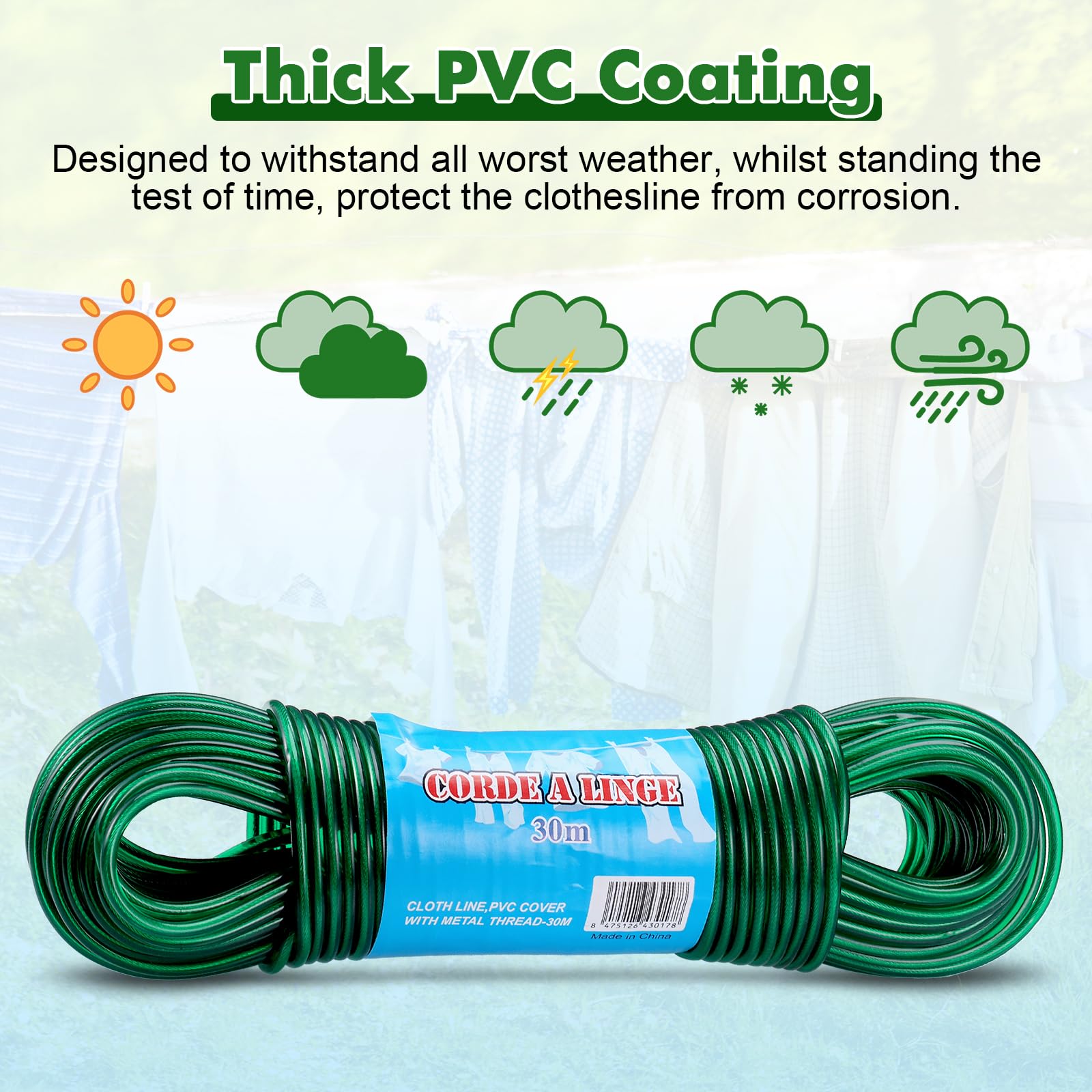 Yimomoyi 30m Washing Line Rope, Heavy Duty Clothes Line Steel Core, Strong String 4mm Dia Clotheslines - Image 3