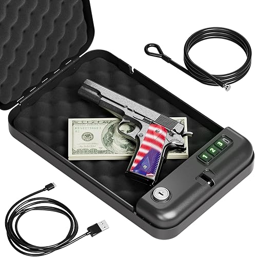 Grimtron Cajas fuertes portátiles para pistolas caja de seguridad electrónica y acceso con llave, modo silencioso, caja fuerte compacta para pistola