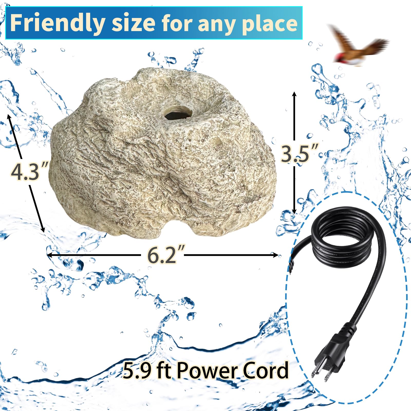 SAC SMARTEN ARTS - Fontana per uccelli per vasca da bagno per uccelli con pompa dell'acqua da 7,5 W, funzione acqua in granito resina, per giardino, patio, prato, colibrì, voliera, acquario e acquari