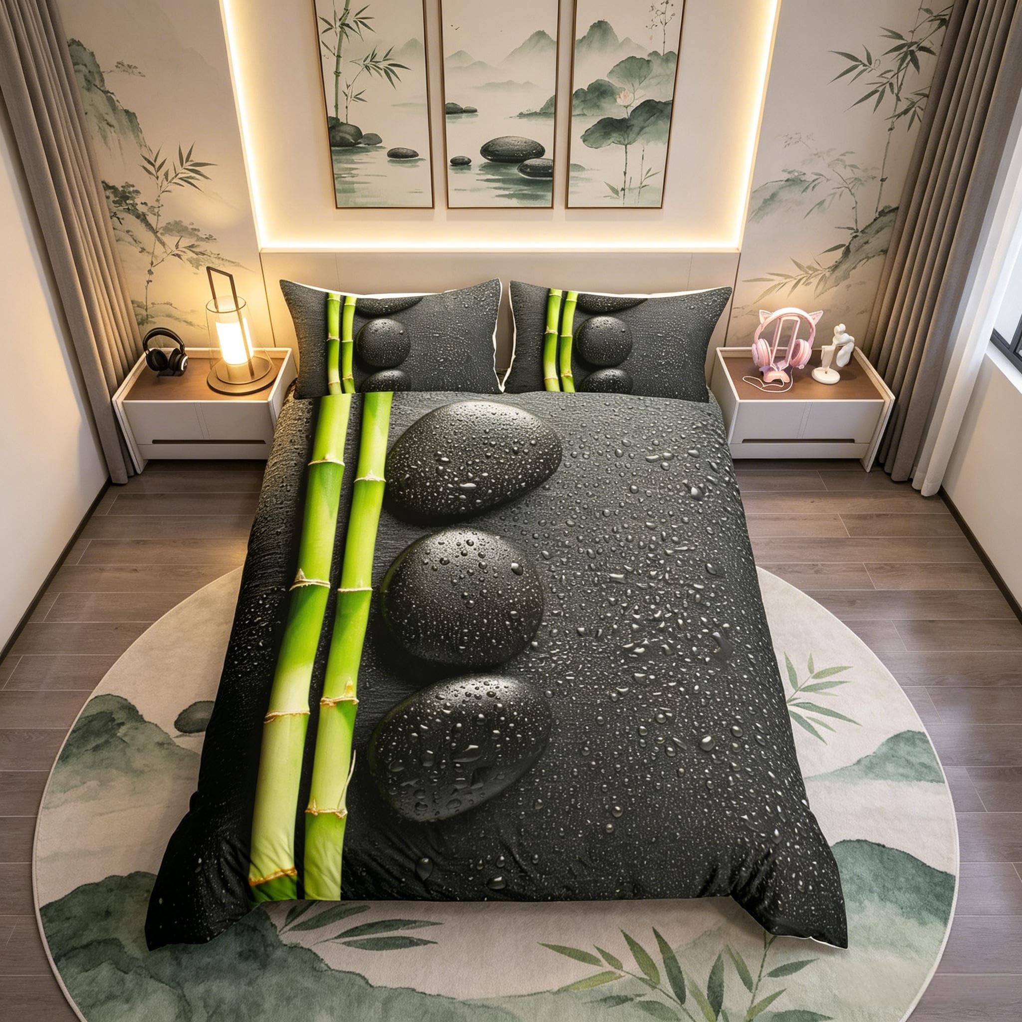 Homemissing Zen Stones Bedding Set Meditation Bamboo Bedding for Kids Boys Girls Teens Tranquil Nature Artwork Duvet Cover Breathable Zen Spiritual Black Bedspread Cover Room Decor Quilt Cover Double