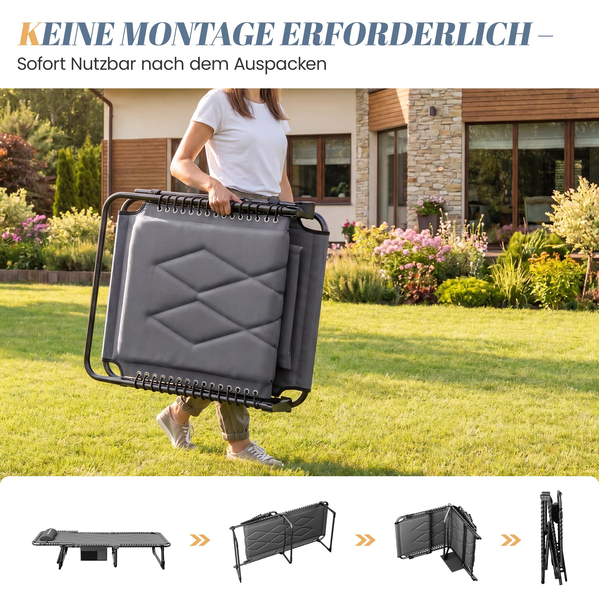 UDPATIO Camping Betten Feldbetten Klappbar, Liegestuhl Mit Auflage Polster, Gartenliege mit Verstellbarer Rückenlehne, Strandliege Campingliege für Outdoor Camping Grau