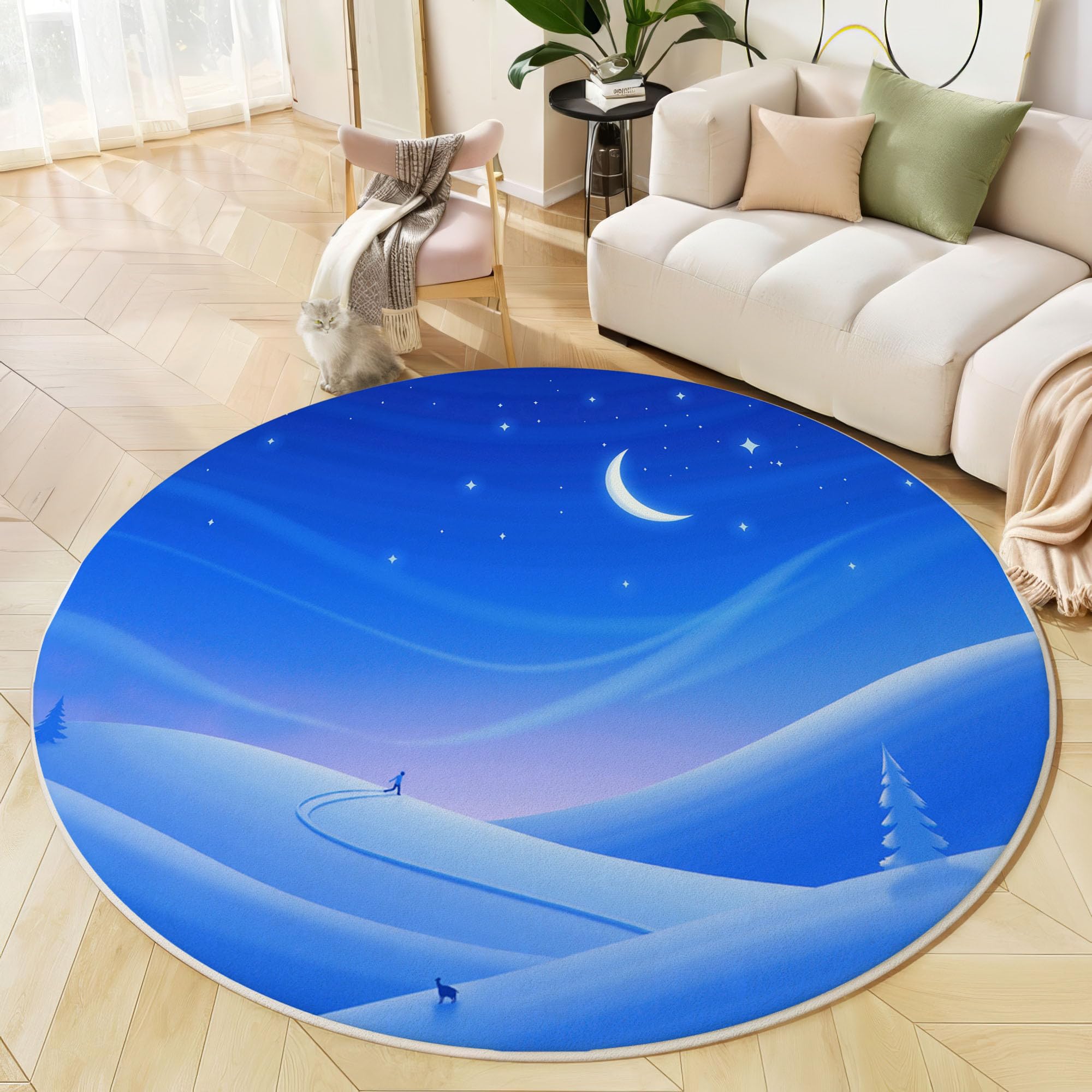 Tapis Rond pour Enfant - Scène de Neige au Clair de Lune Style Hivernal- Redonda antideslizante Lavable Sala de juegos pour Salon Chambres à Coucher - Bleu - 160cm