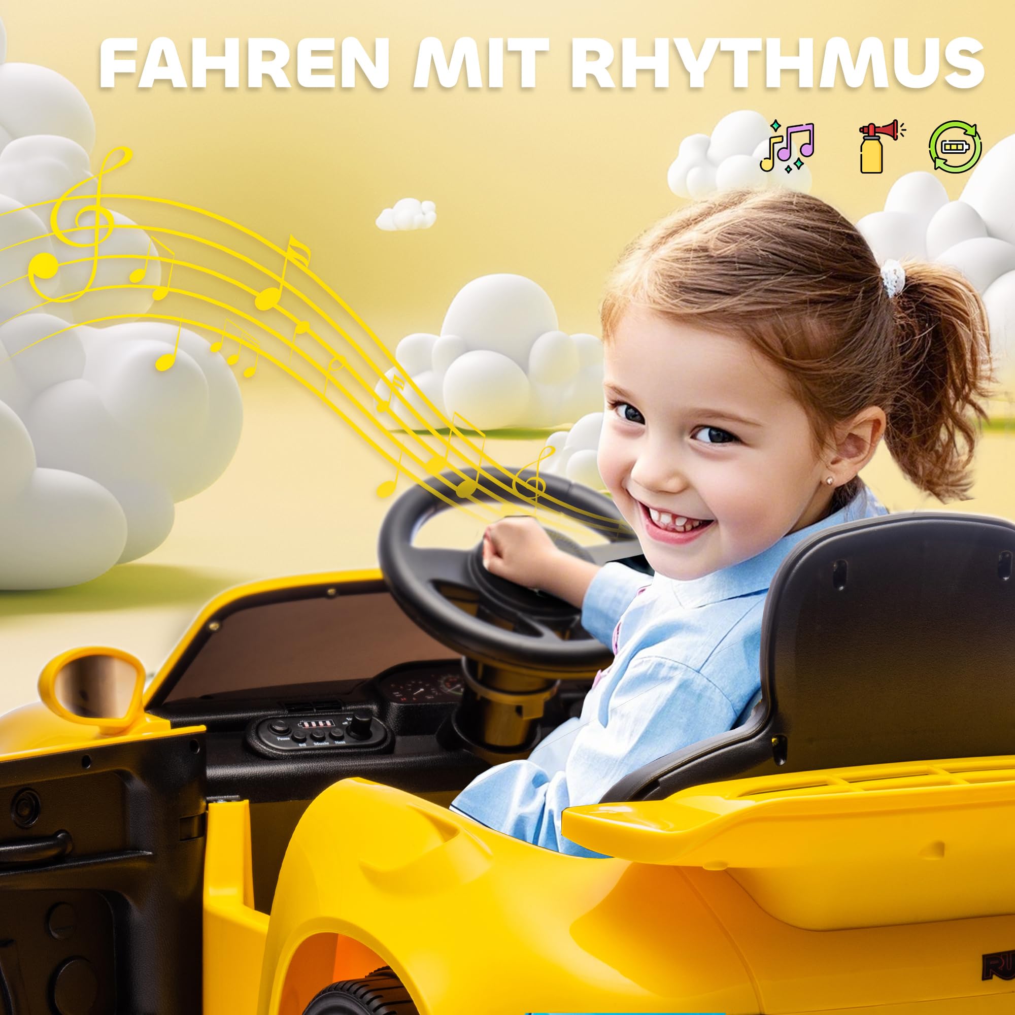 AIYAPLAY Dziecięce auto elektryczne 12V RUF CTR 2017-Yellowbird Żółty | 2,4 GHz pilot, 2 silniki, miękki start, pojazd dziecięcy, wskaźnik energii, MP3, LED, klakson, dla 3-6 lat