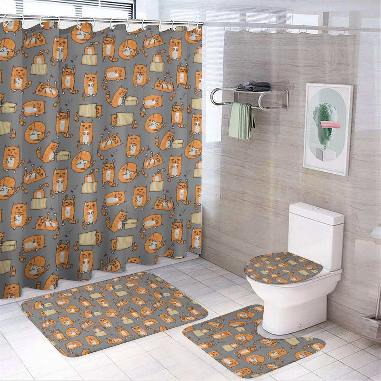 JiuPopular Bathroom Mat Set 4 Piece, Orange Cats Shower Curtain with Non-Slip Bath Mats for Bathroom