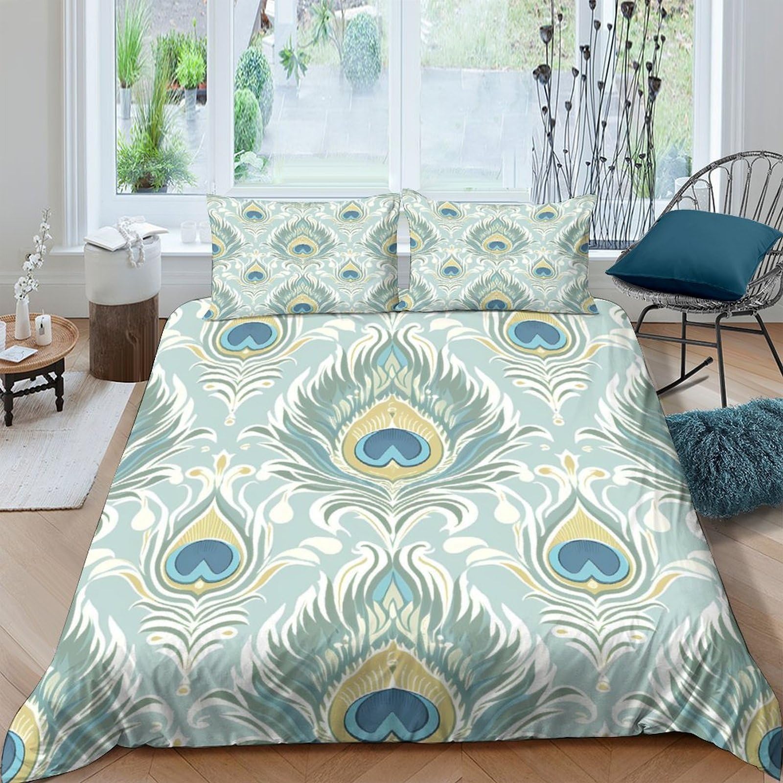 Ctjqhvkz Style-3 3D Printed Peacock Feather Fitted Sheet Microfiber Soft Green Yellow Mattress Cover Bedroom Decor Machine Washable Single（135X200cm）