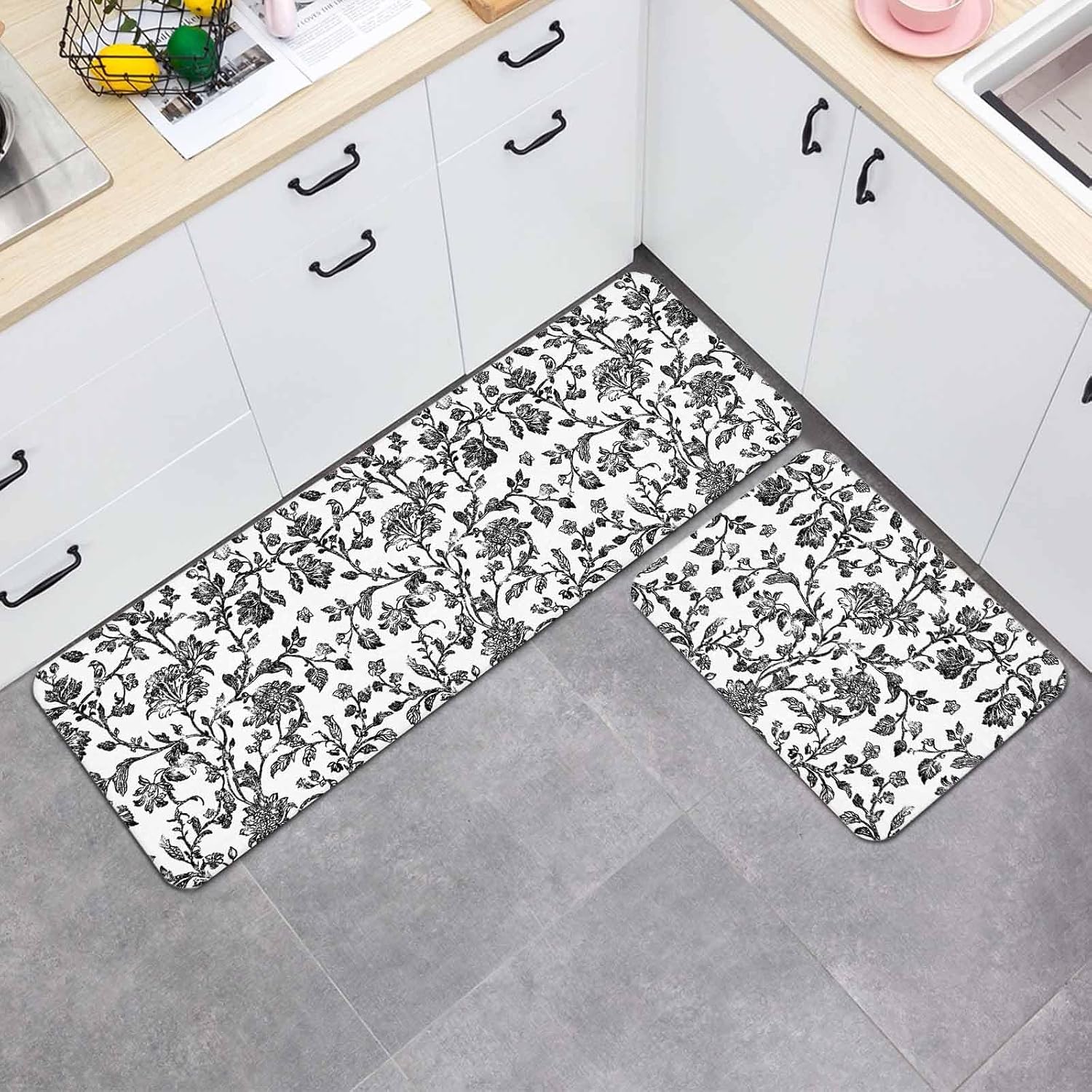 Prime Leader Vintage Black Floral Kitchen Mat Set 2 Pieces Farmhouse Flower Pastoral Style Non Slip Kitchen Rugs Washable Runner Rug Mats for Sink Laundry (15.7" x 23.6"+15.7" x 47.2")