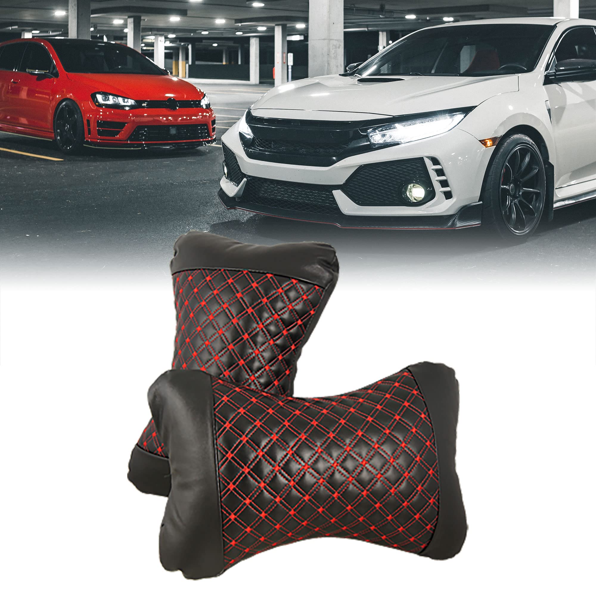 sourcingmap 2 Pcs Bone Shaped Rhombus Pattern Black Faux Leather Car Neck Pillow - Image 2