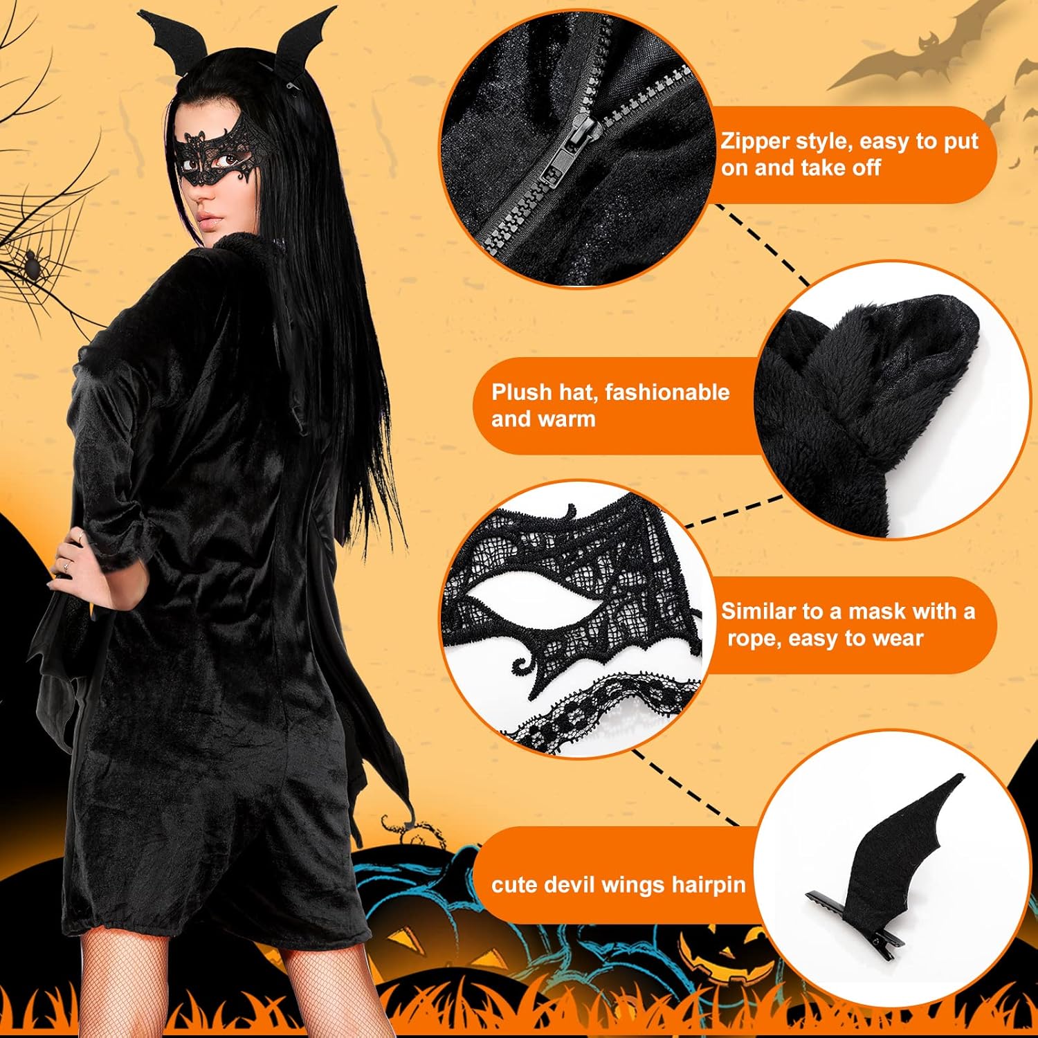 Janmercy 3 Pcs Halloween Bat Costume for Women Gilrs Black Bat Wings Poncho Lace Masquerade Mask Scary Costume for Women - Image 3