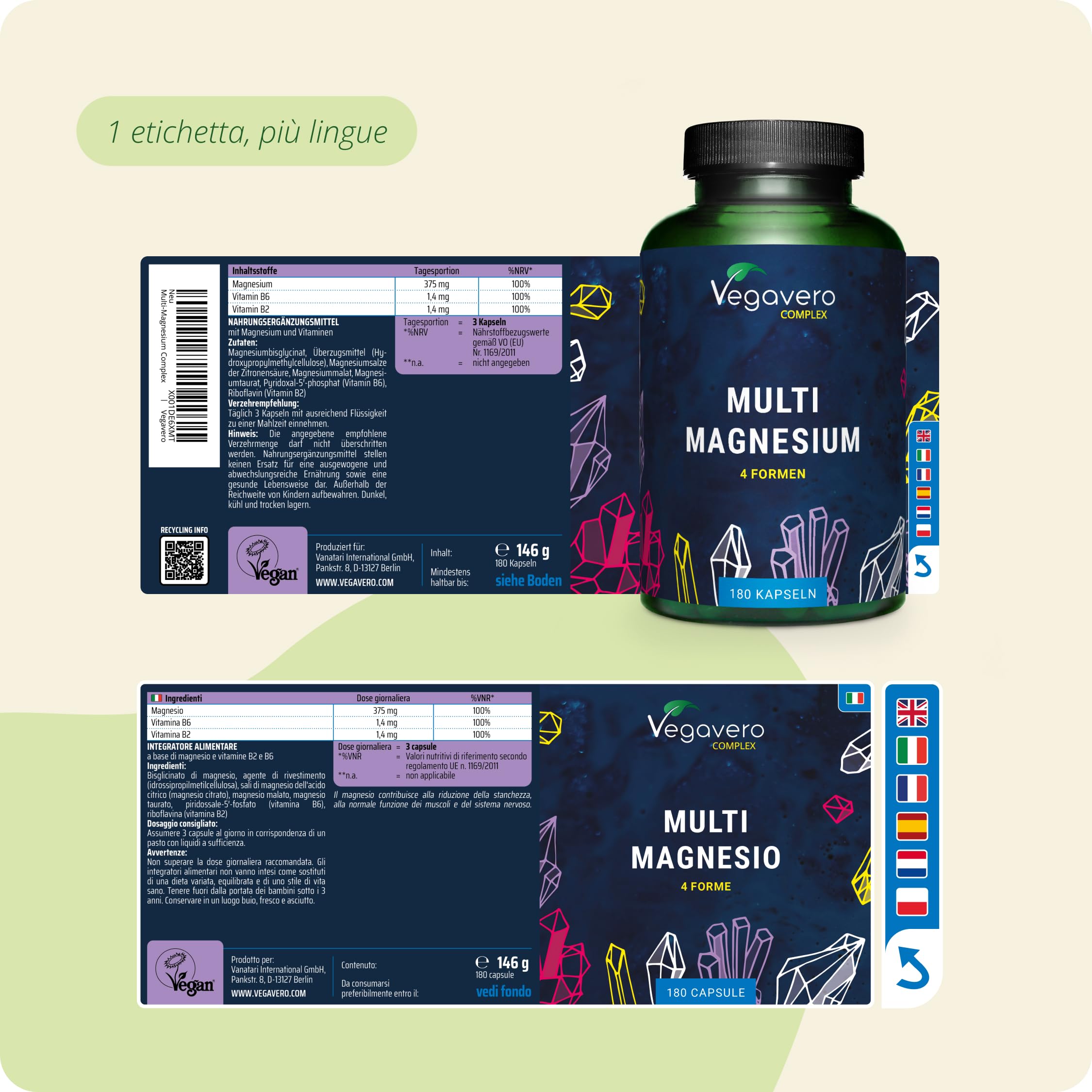 Magnesio Completo Complex | 4 Forme Migliori: Citrato + Bisglicinato + Malato + Taurato | con Vitamina B2 e B6 | 180 capsule | Vegan | Vegavero®