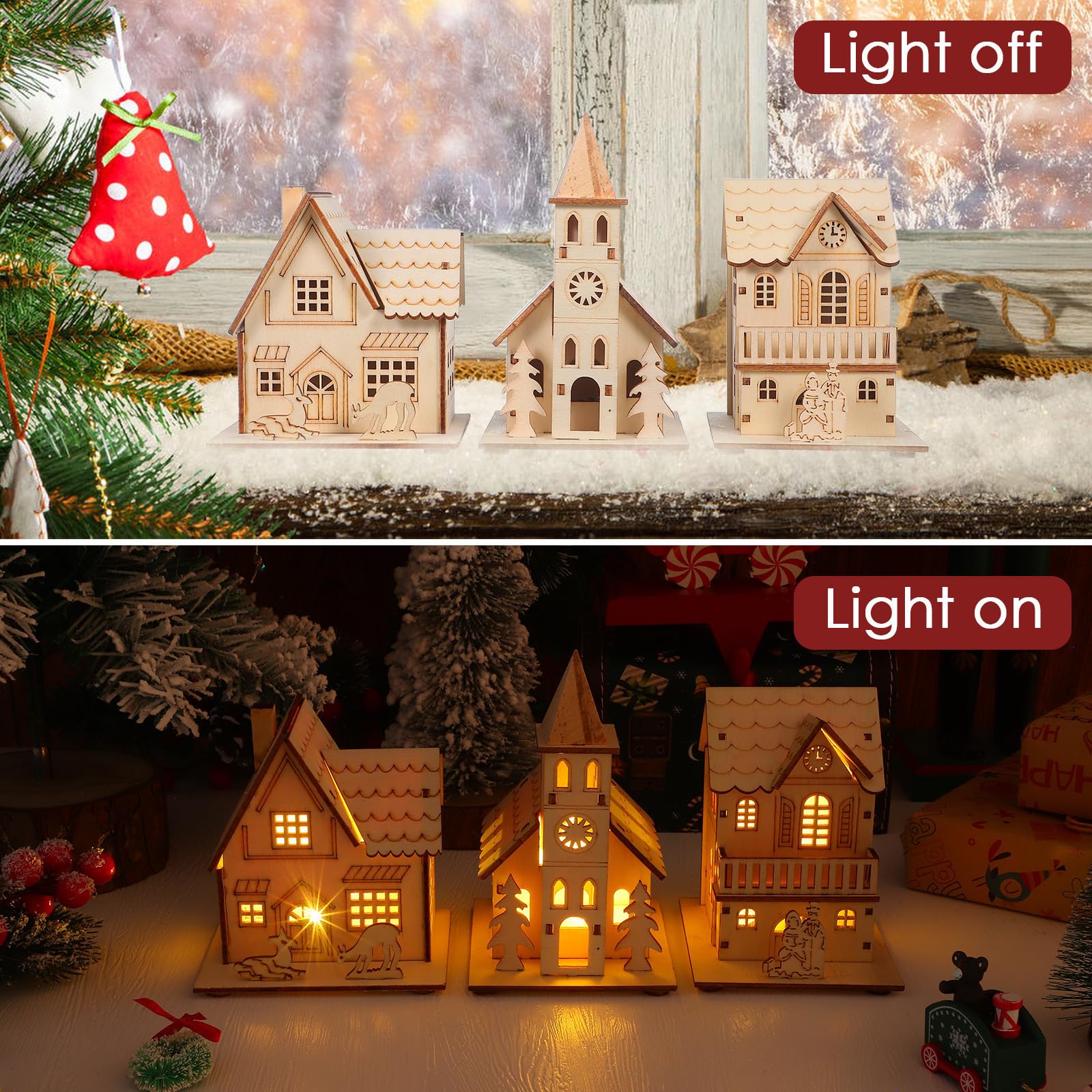Artibetter 3 Piezas Adorno y Estructura Detallada de Madera Diseño Luminoso Navideño para Adorno de Escritorio y Fiestas de Navidad